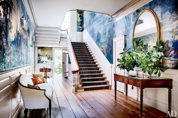 Foyer With Zuber Mural Wallpaper Staircase Console And Settee More