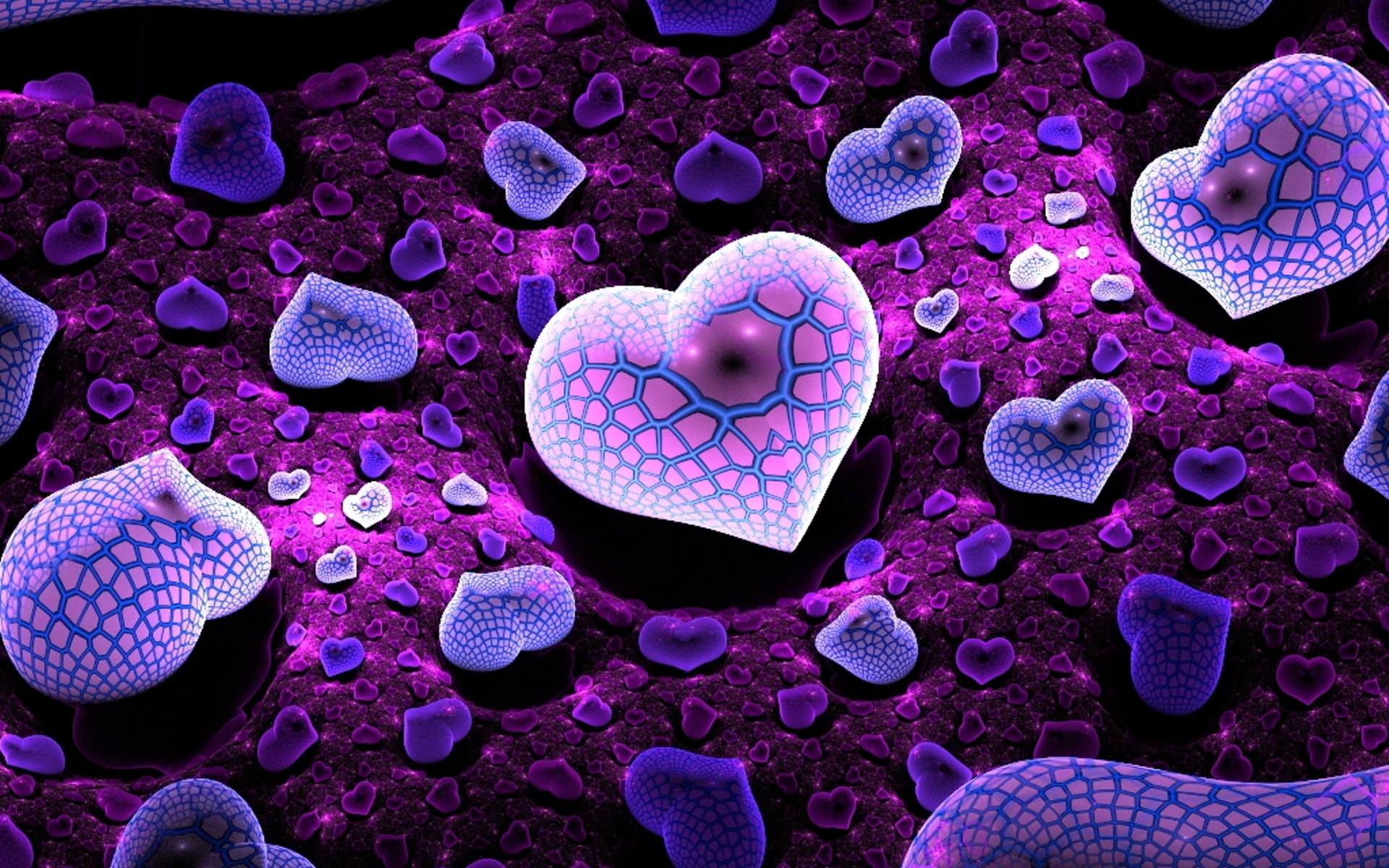 3D Render of Glowing Purple and Blue Hearts, Perfect for Valentine's Day or Romantic Settings