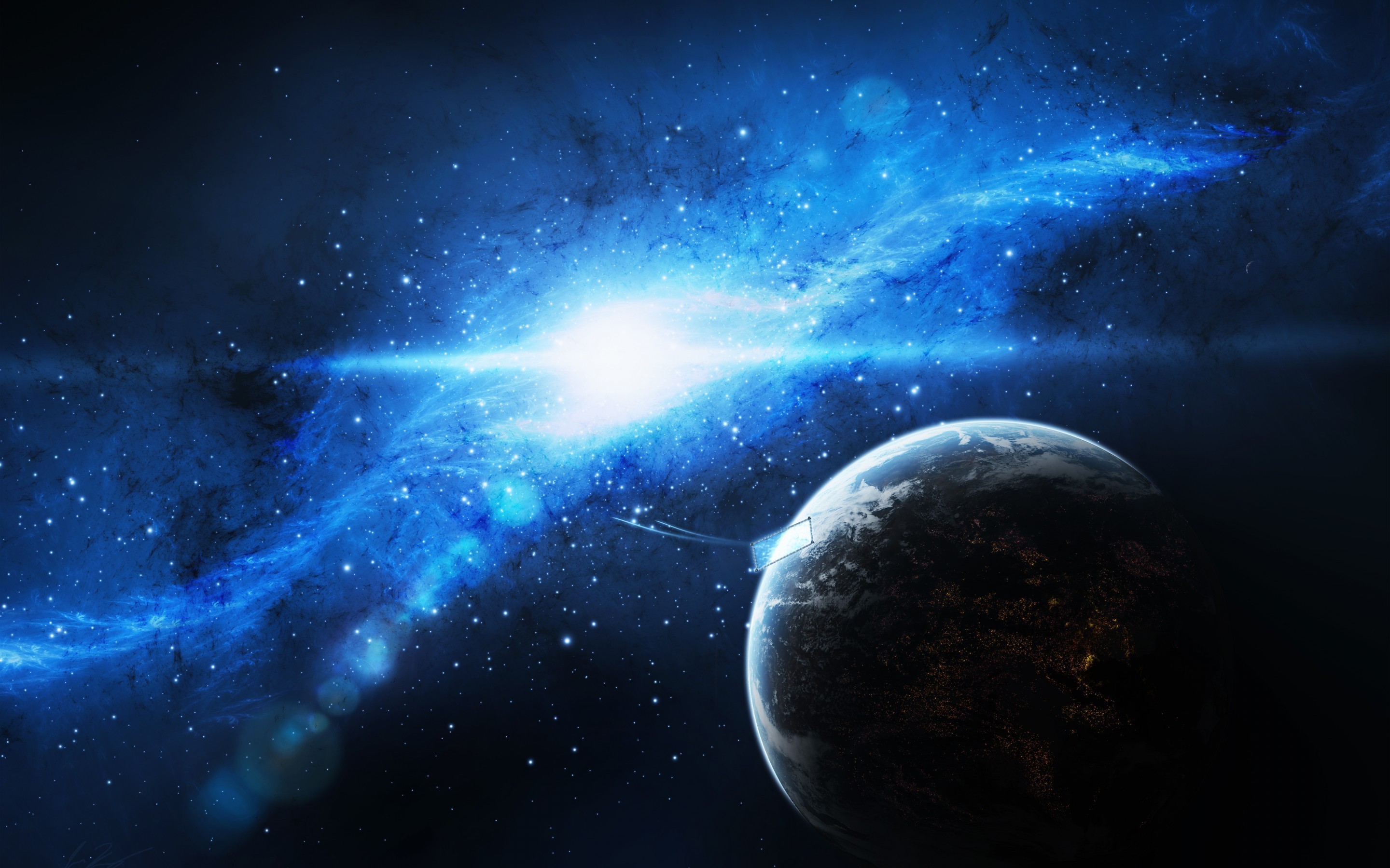 A breathtaking view of a vibrant blue galaxy with a dark planet in the foreground, perfect for a desktop wallpaper