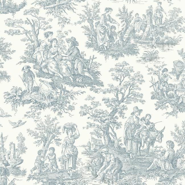 Waverly Blue Colonial Toile on White Wallpaper   All 4 Walls Wallpaper
