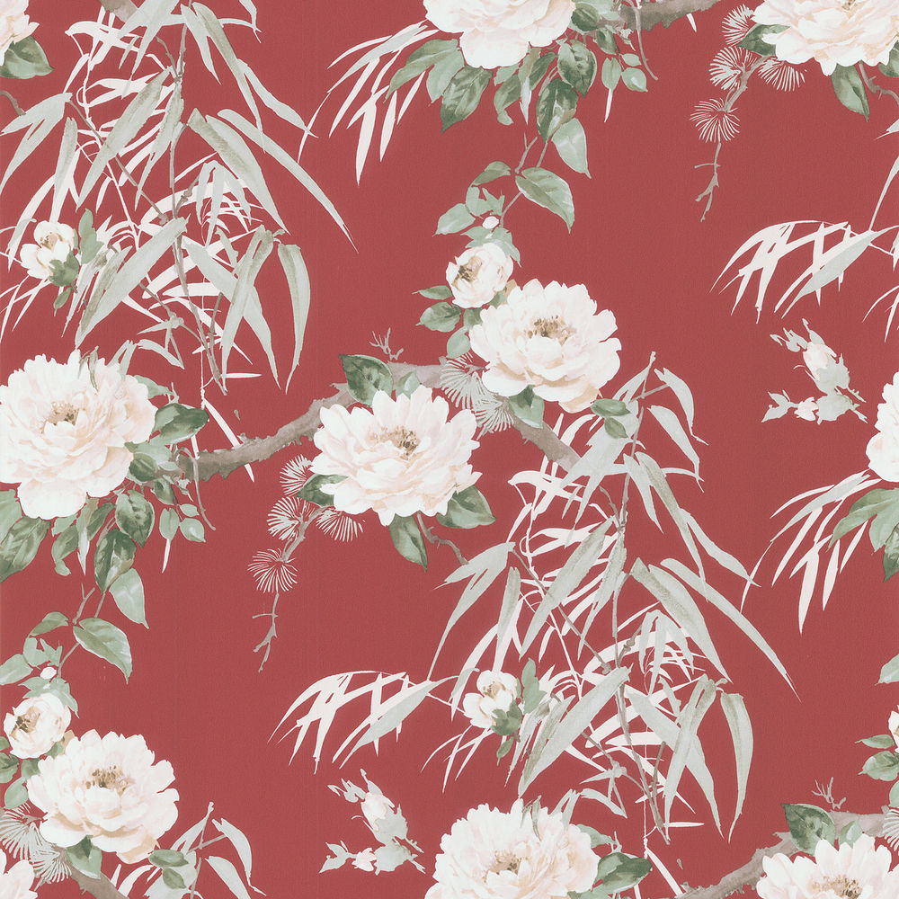 Brewster Red Bamboo Floral Wallpaper