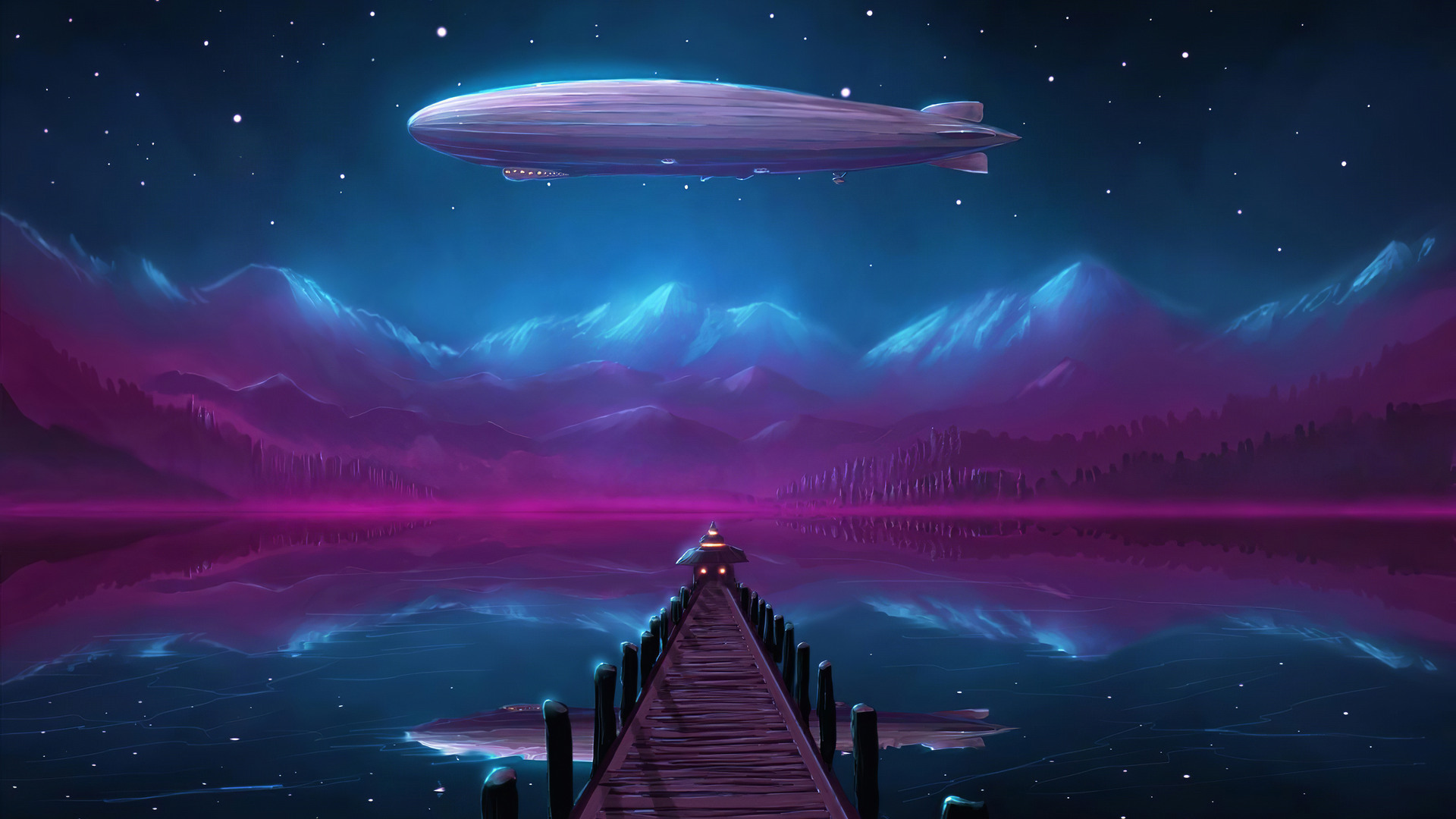 Zeppelin Night Lake Scenery Digital Art 4k Wallpaper