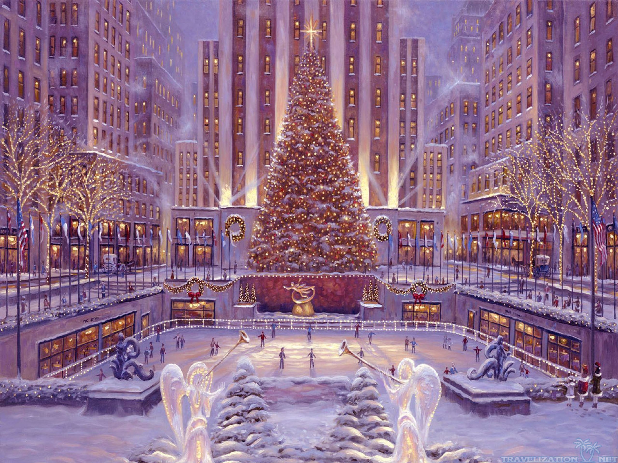 A picturesque Christmas scene at Rockefeller Center with a towering Christmas tree, ice skaters, and festive lights