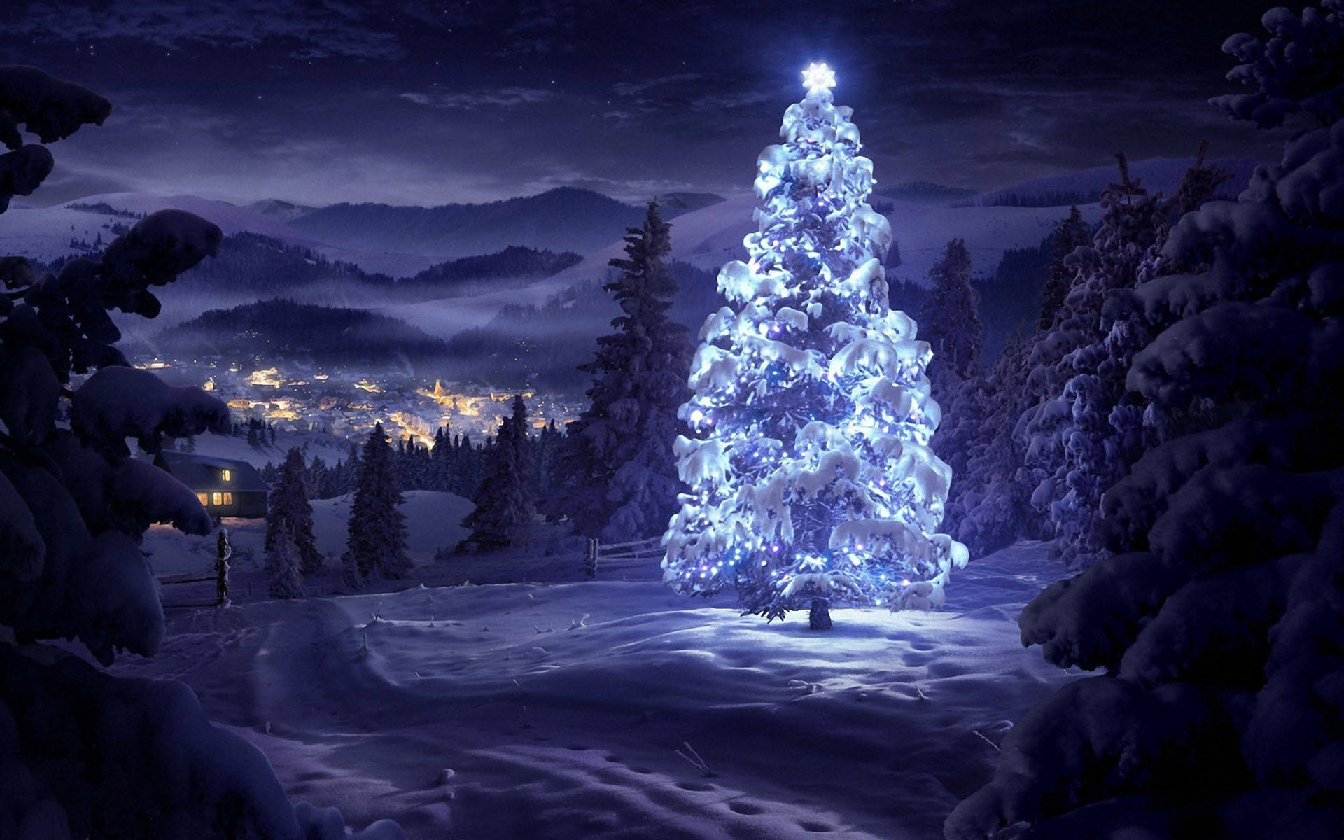 Christmas Snow Mountain At Night Wallpaper HD Background