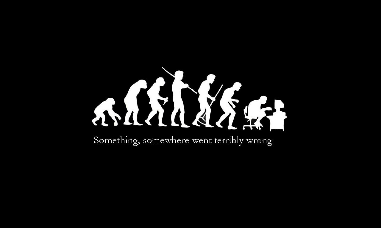 A humorous take on human evolution, showing the progression from ape to a hunched-over office worker, implying that modern office work is a devolution