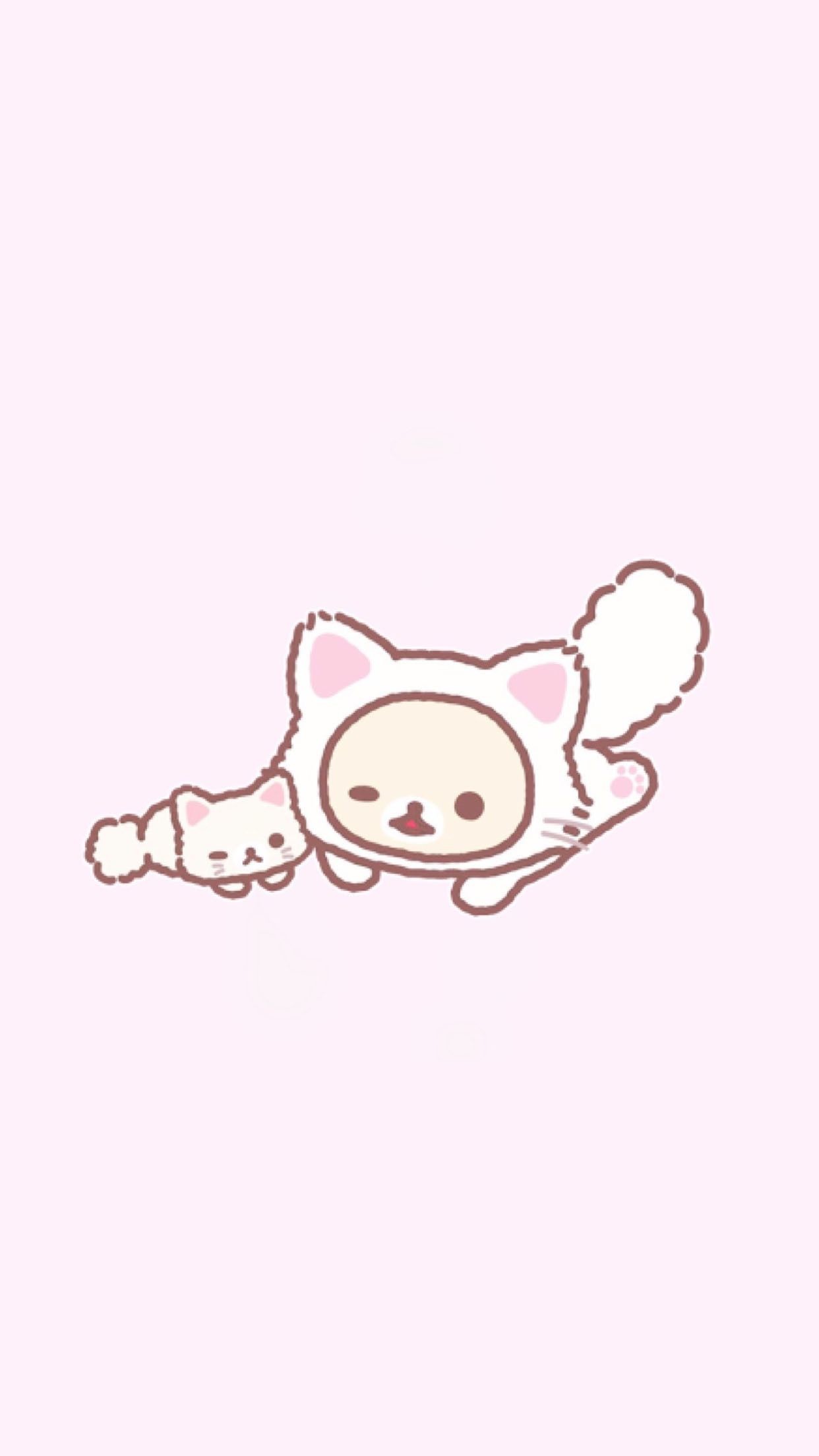 A cute illustration of two Rilakkuma characters, a small white cat and a larger one wearing a cat costume, on a light pink background