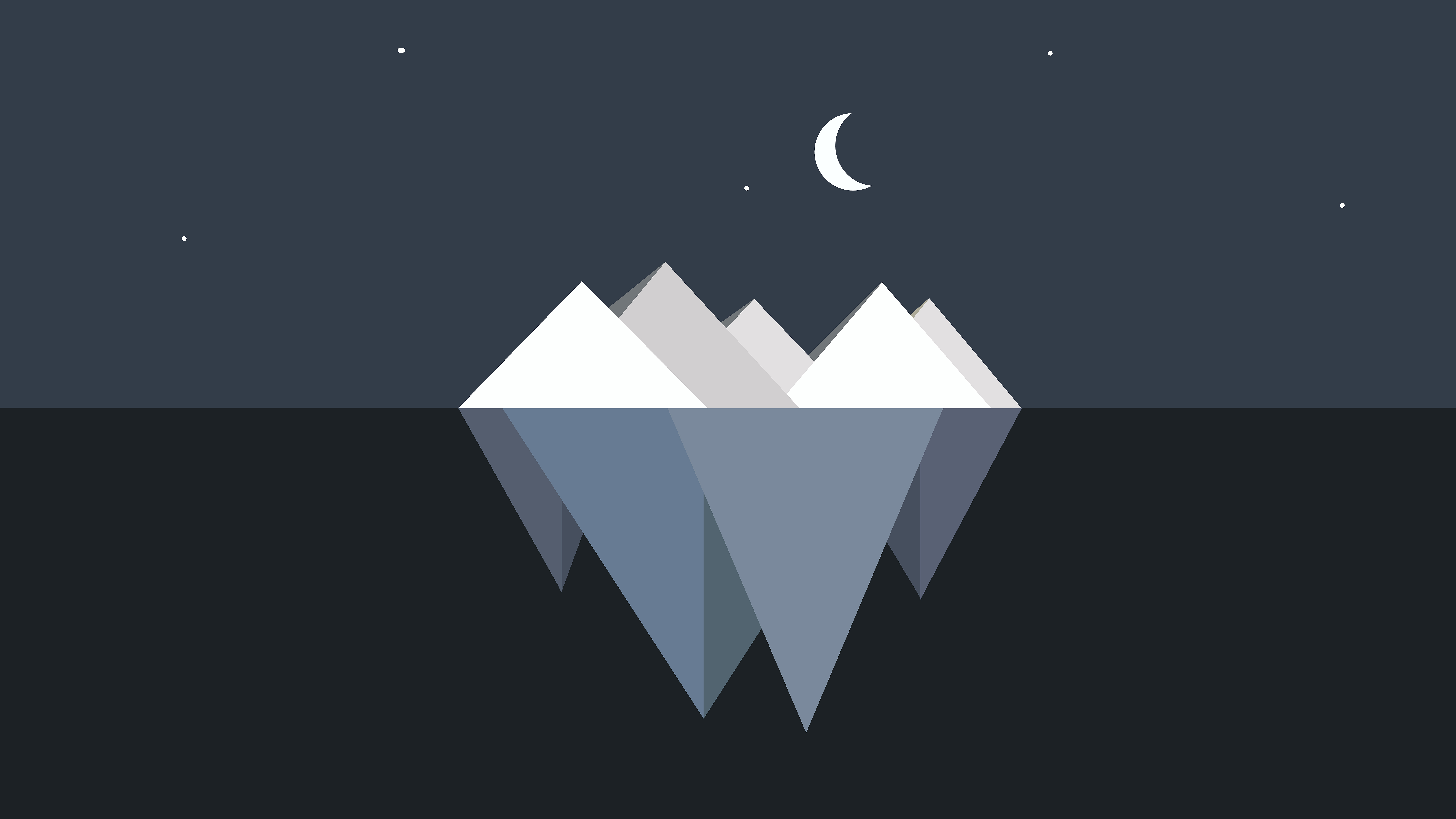 Minimalist wallpaper featuring an iceberg at night with a crescent moon and stars