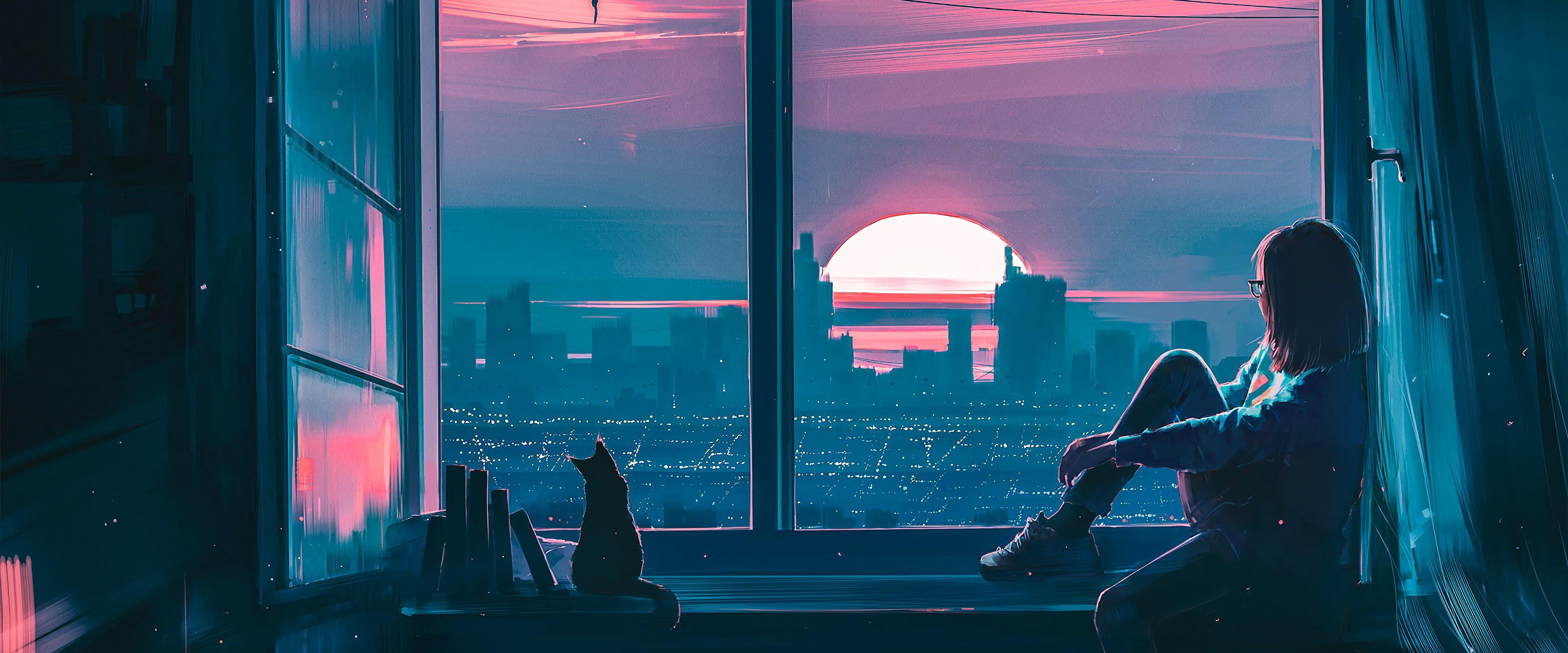 Anime Girl Cat City Scenery 4k Wallpaper