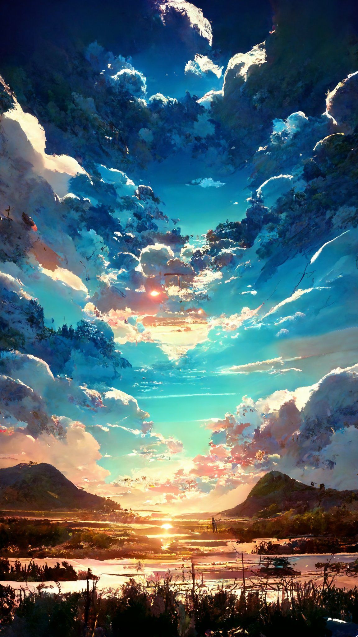 Anime style landscape painting of a sunset with clouds and fields