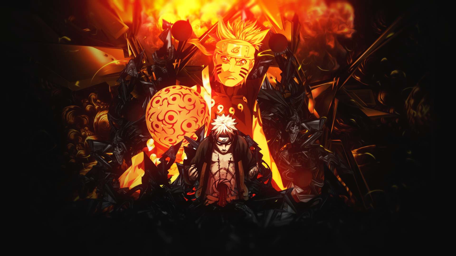 Naruto Uzumaki in Kurama Chakra Mode with a Rasengan, featuring Yahiko/Pain in the foreground