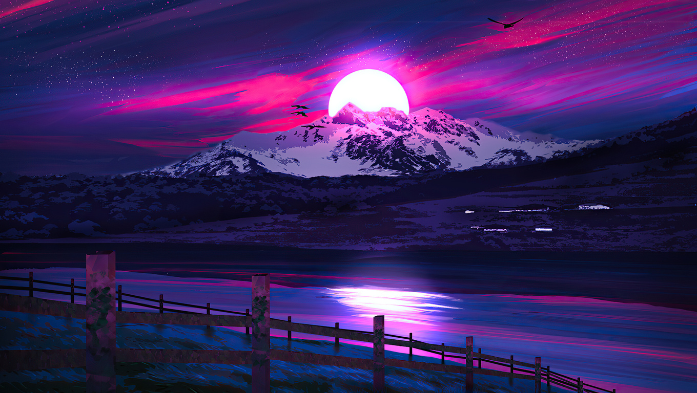 4K PC wallpaper of a stunning pink and purple sunset over a snow-capped mountain range, with a tranquil lake in the foreground and a rustic fence leading the viewer's eye into the scene