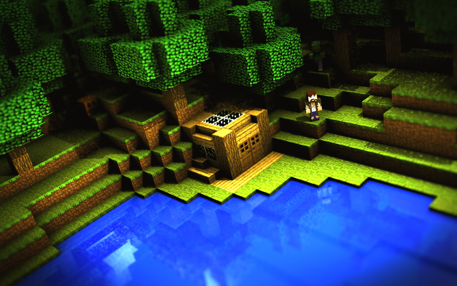 A pixelated Minecraft scene featuring a small wooden house nestled among green trees beside a blue lake