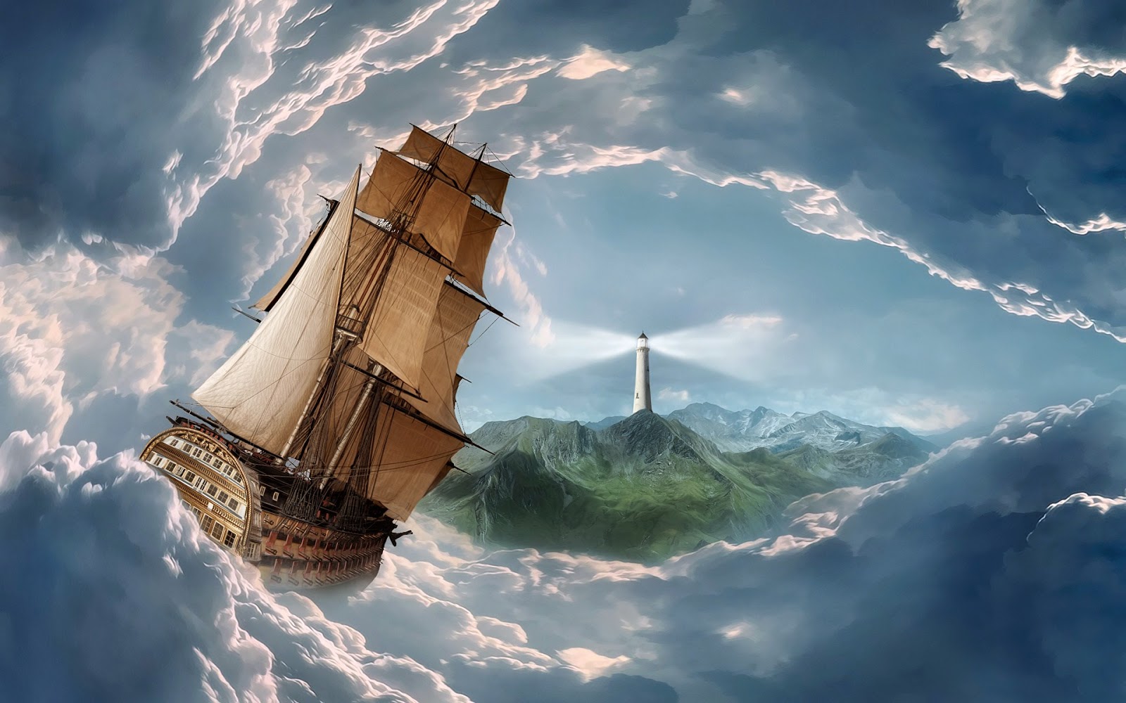 Fantasy Sailing Boat And Lighthouse Wallpaper HD Desktop