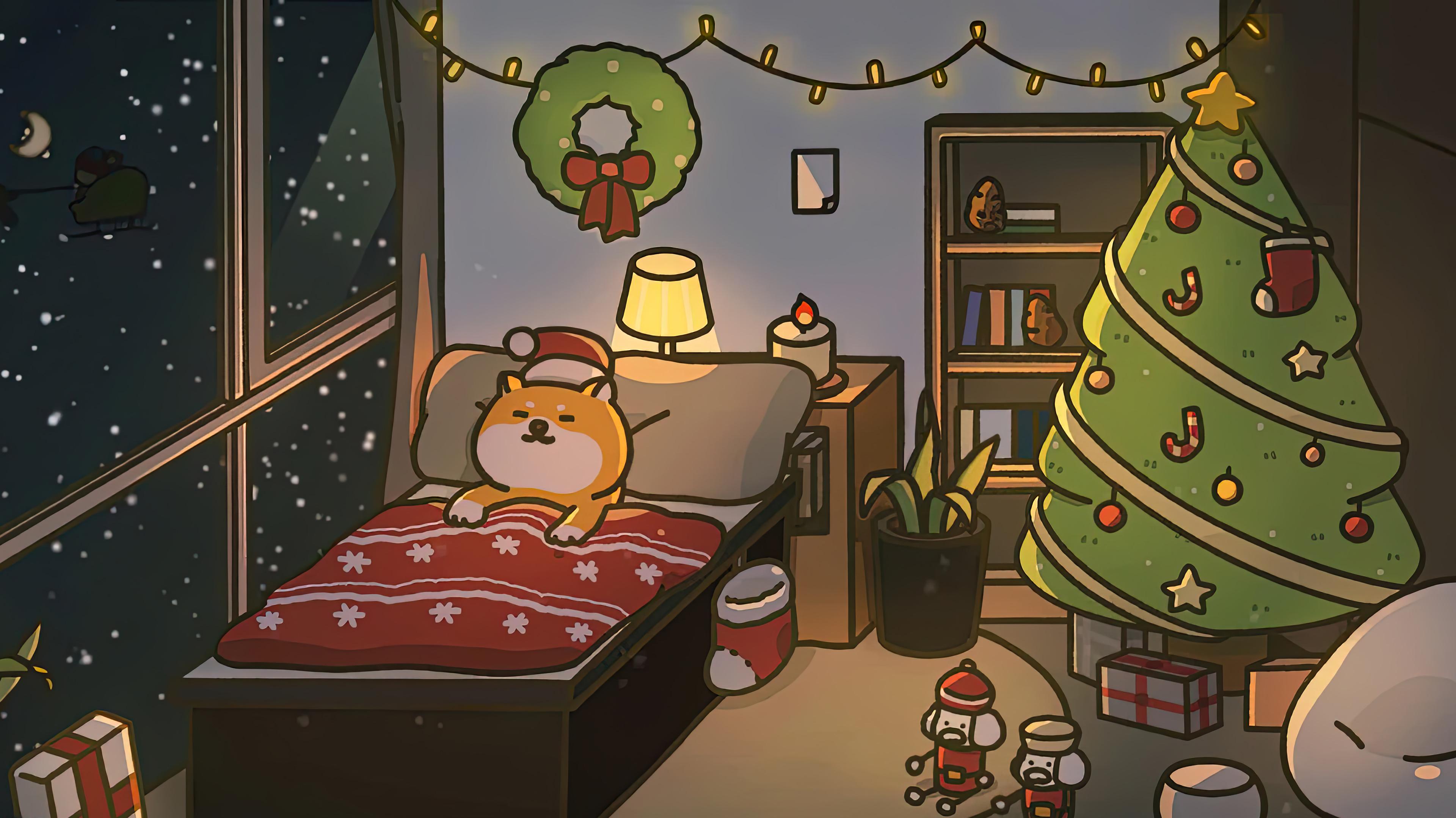 Chill Shiba Sleeping Christmas Room Wallpaper iPhone Phone 4k 6620e