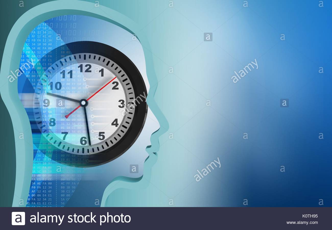 3d Illustration Of Clock Over Blue Background With Head Profile