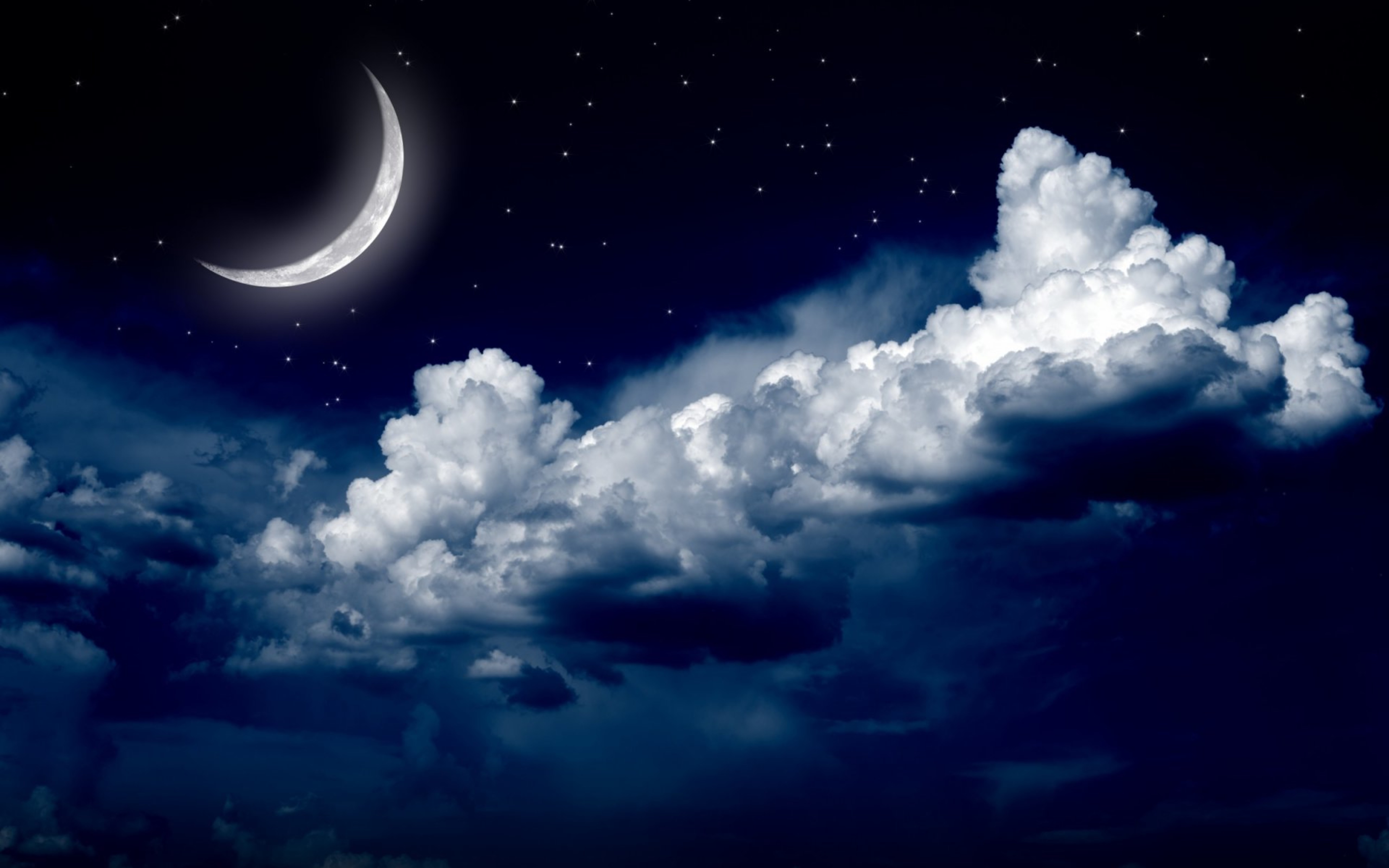 Wallpaper Moon At Midnight Fluffy White Clouds