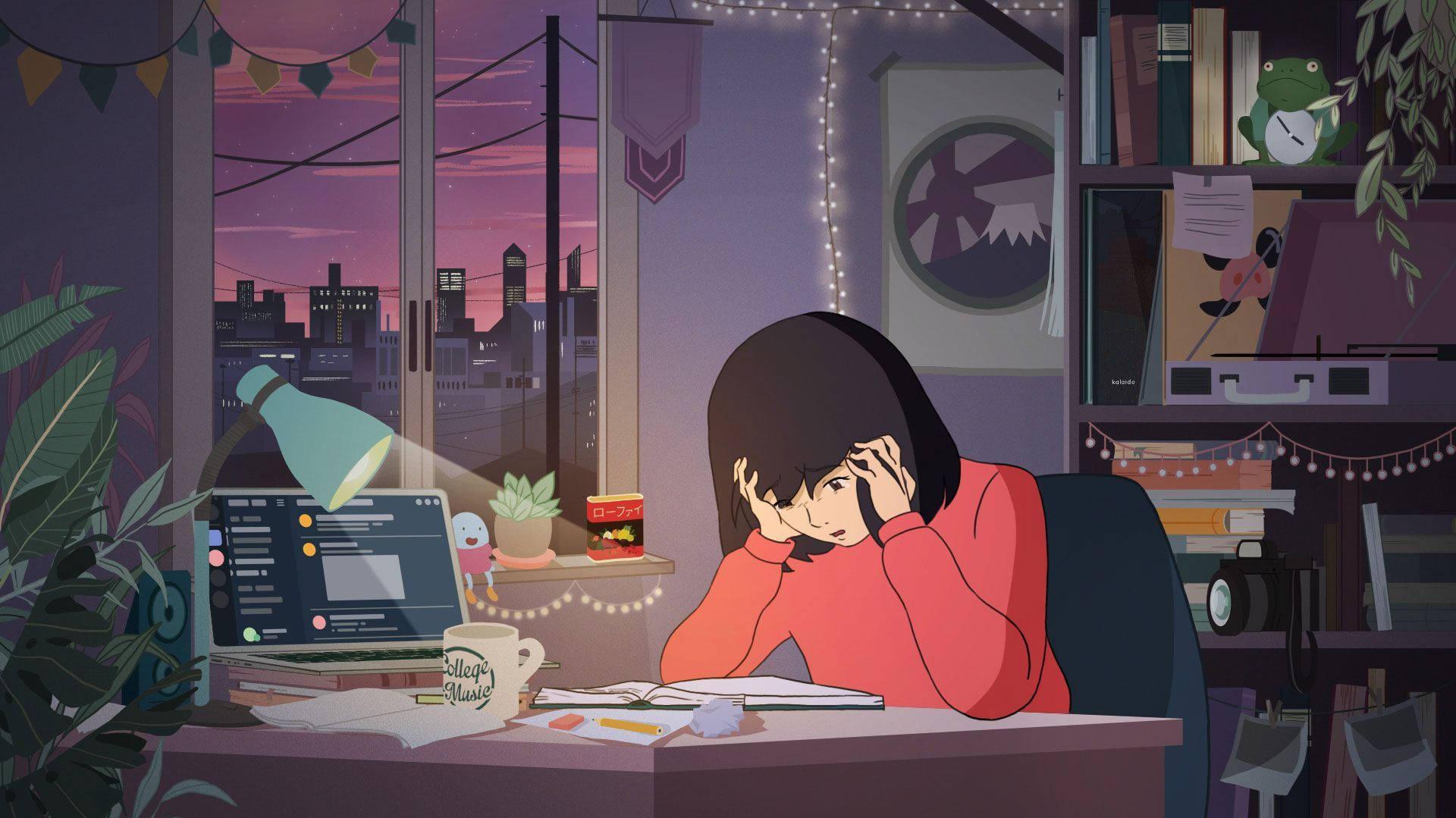 Anime Girl On Desk Study Aesthetic Wallpaper