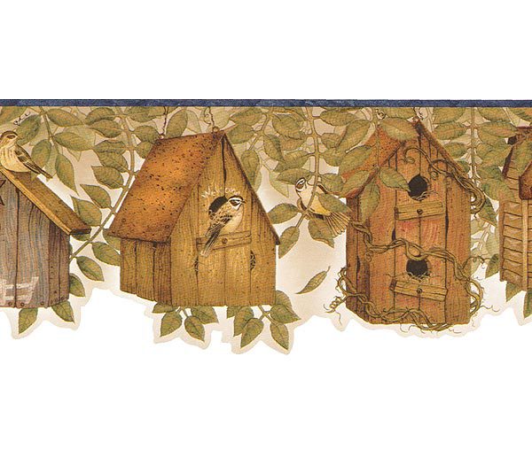 Free download Beige Brown and Navy Country Birdhouses Wallpaper Border