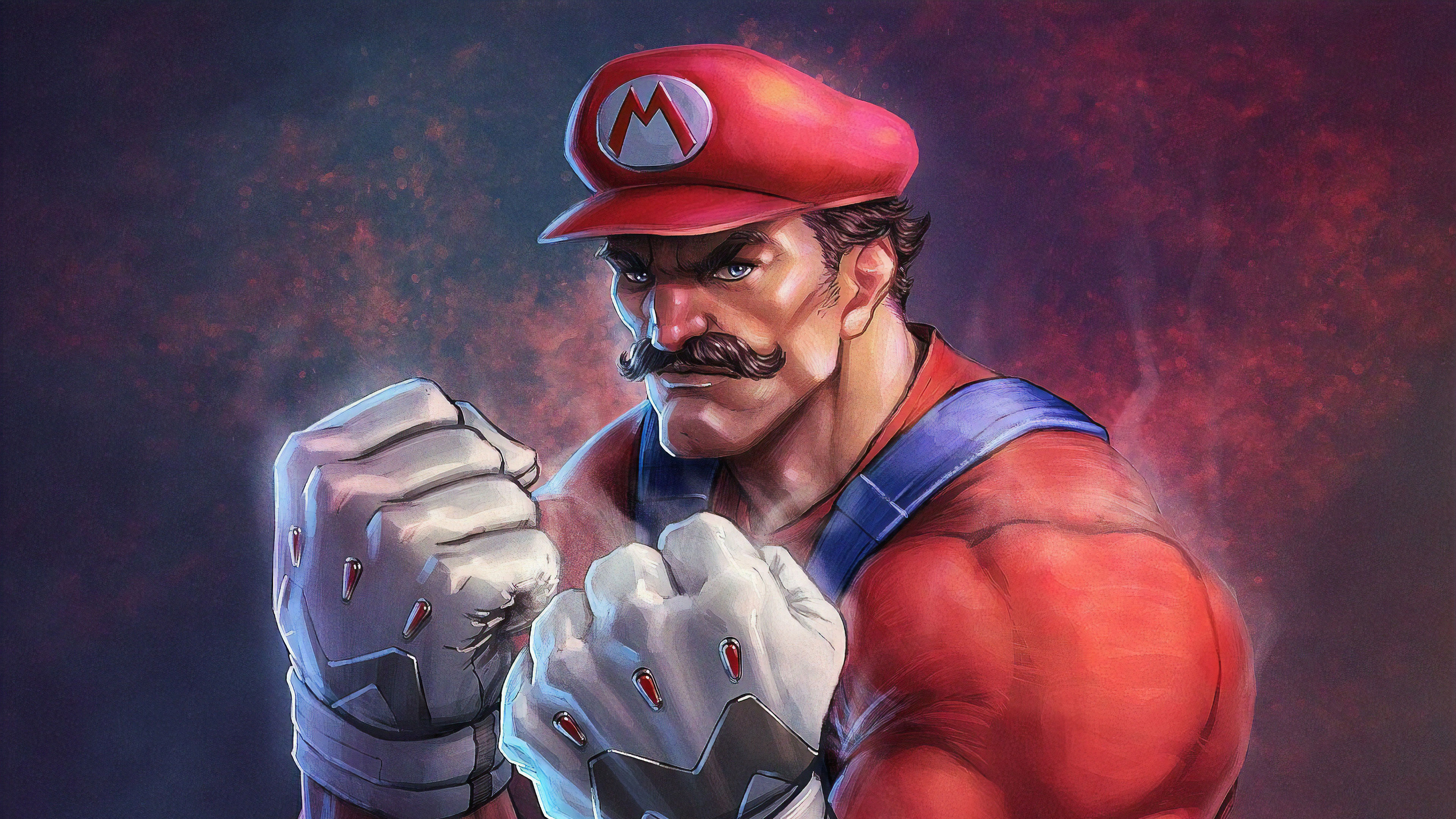Close-up of Super Mario in a fighting stance, wearing his signature red cap and overalls, with gloves embellished with his 'M' logo