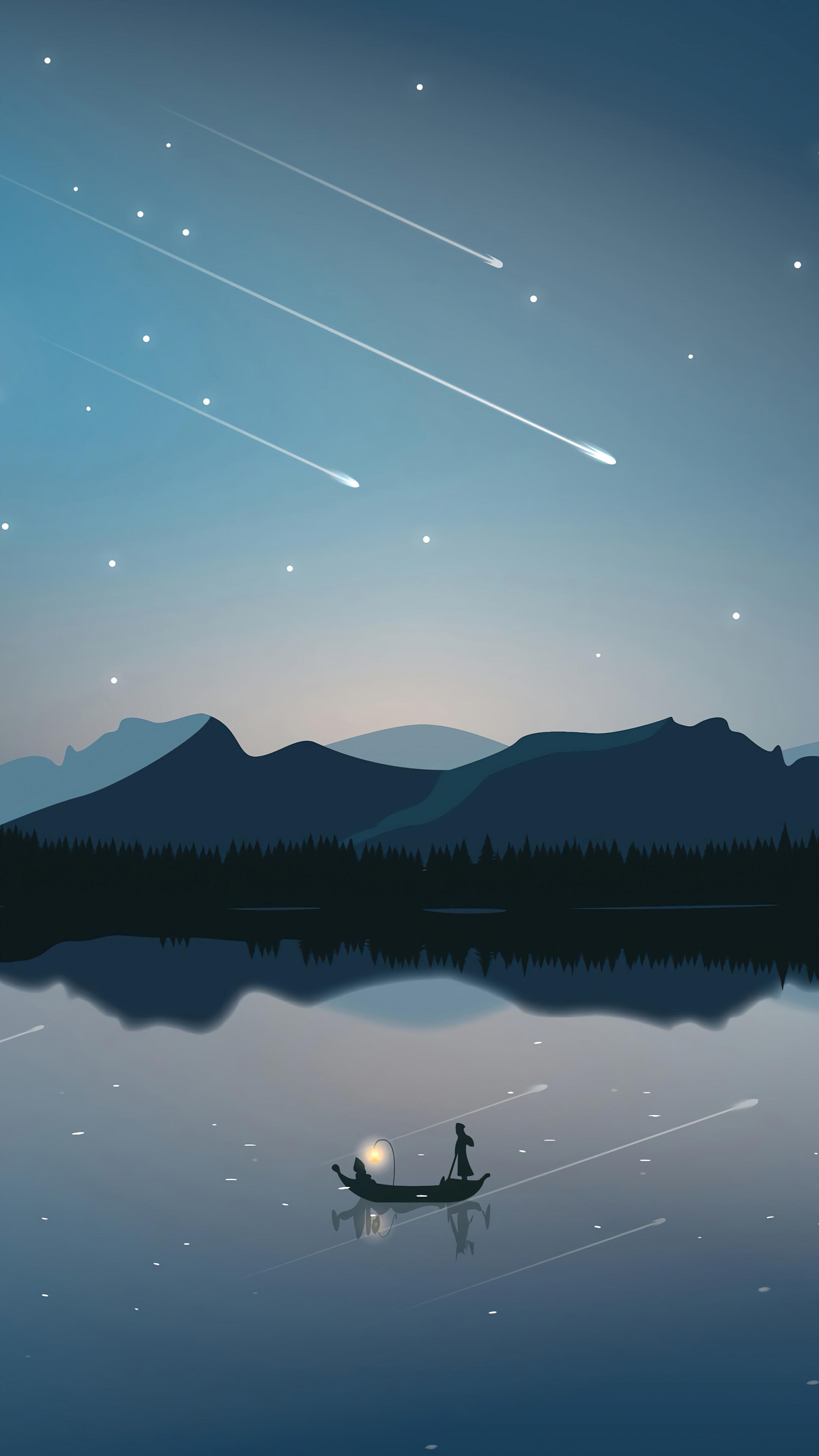 Minimalist Starry Night Sky Lake Mountain Scenery HD 4k Wallpaper