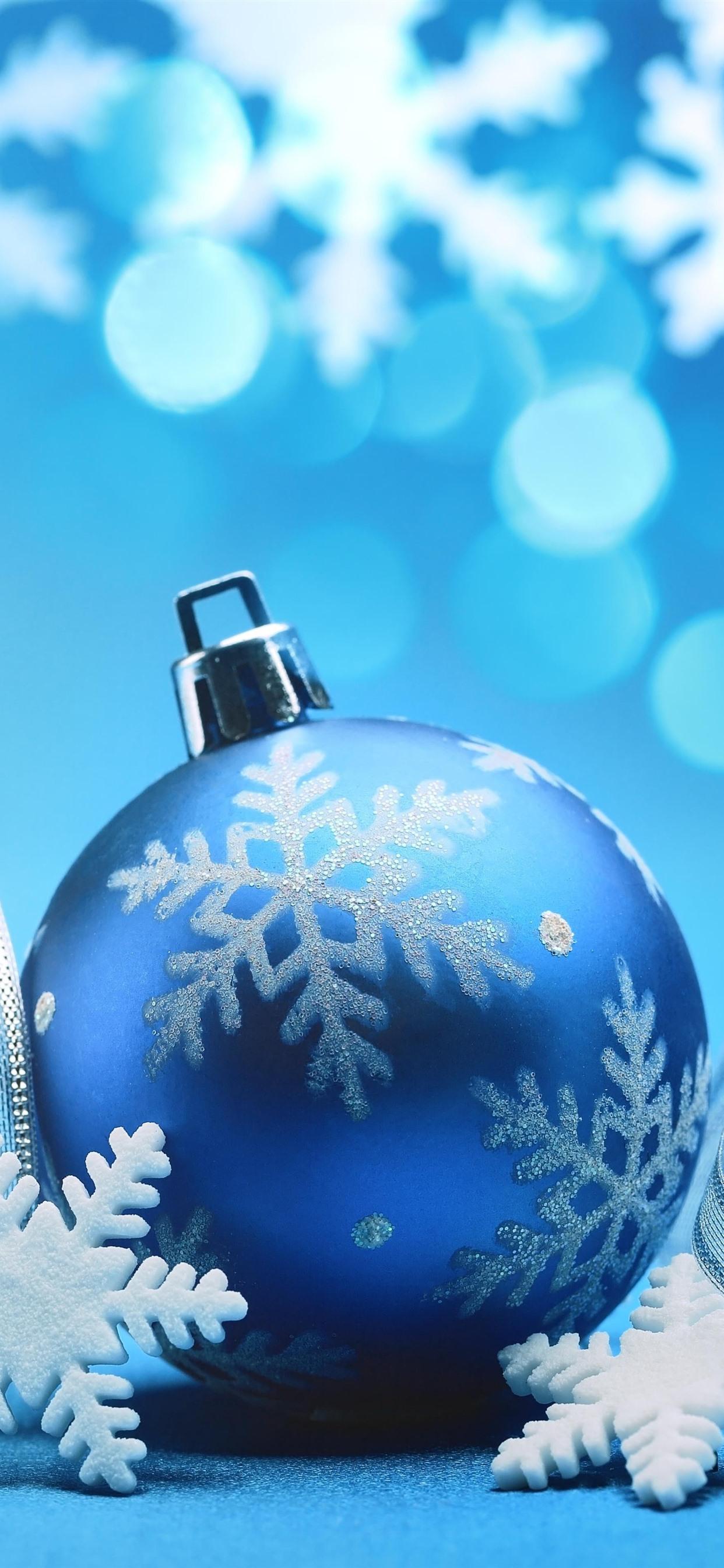 Blue Christmas Ball Ribbons Snowflakes Background