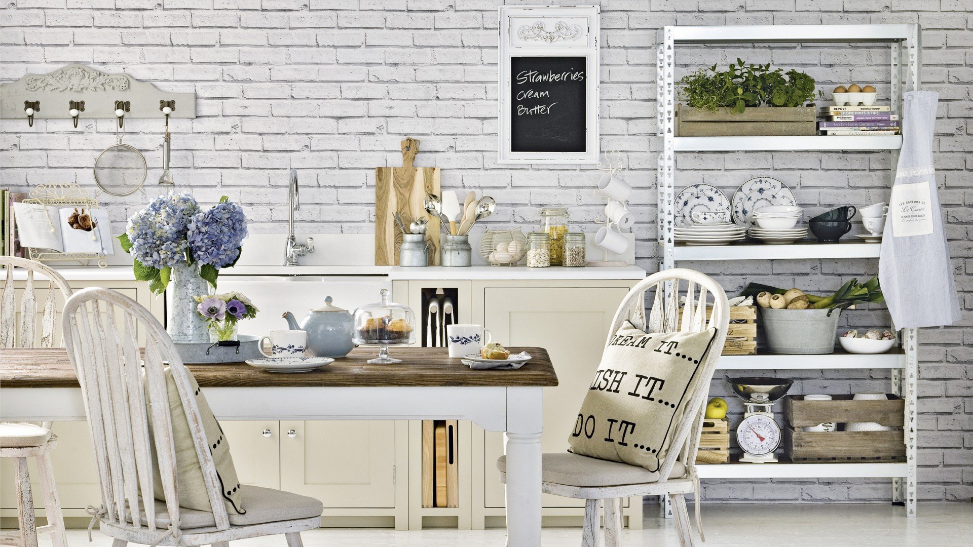 Free Download White Country Kitchen With Exposed Brick Wall The