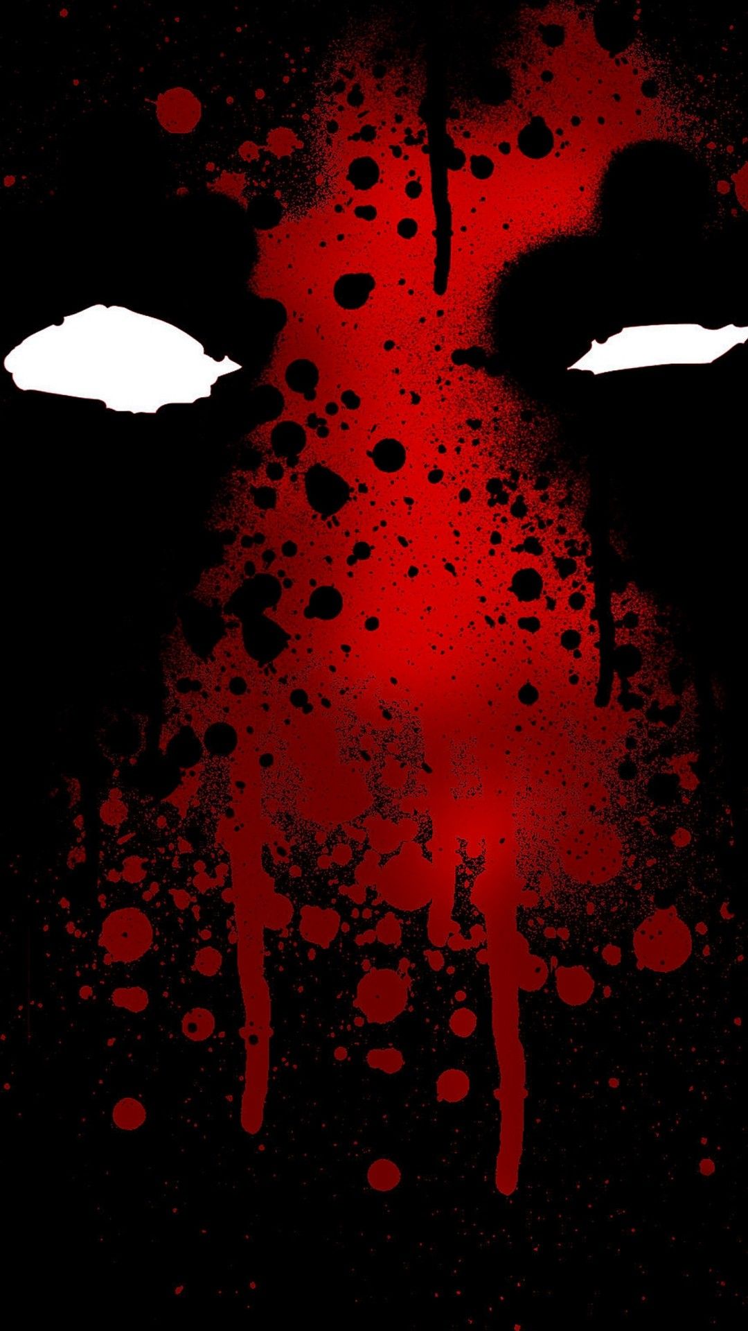 Abstract AMOLED wallpaper with a dark background, red splatters, and white eye shapes