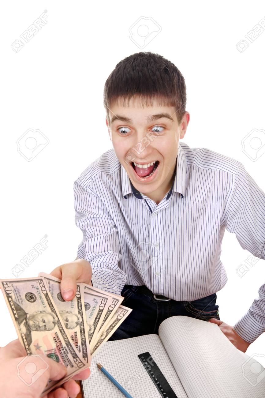 Glad Teenager Get A Money Isolated On The White Background Stock