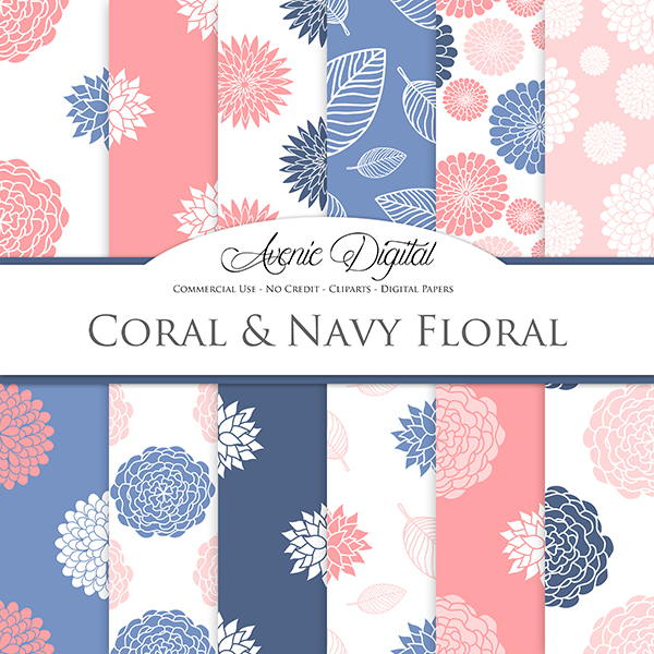 Floral Coral and Navy Digital Paper   Mygraficocom