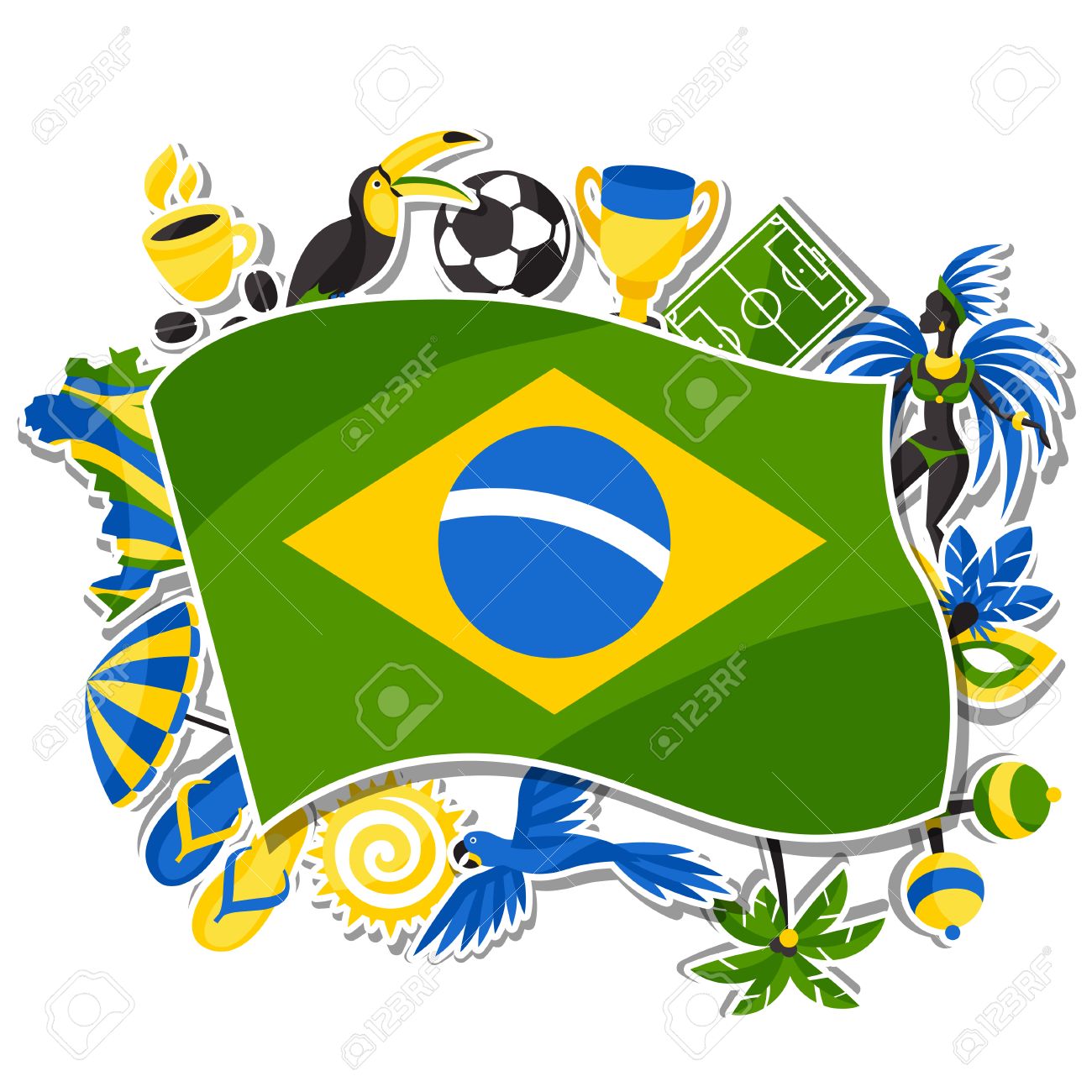 Brazil Background With Sticker Objects And Cultural Symbols