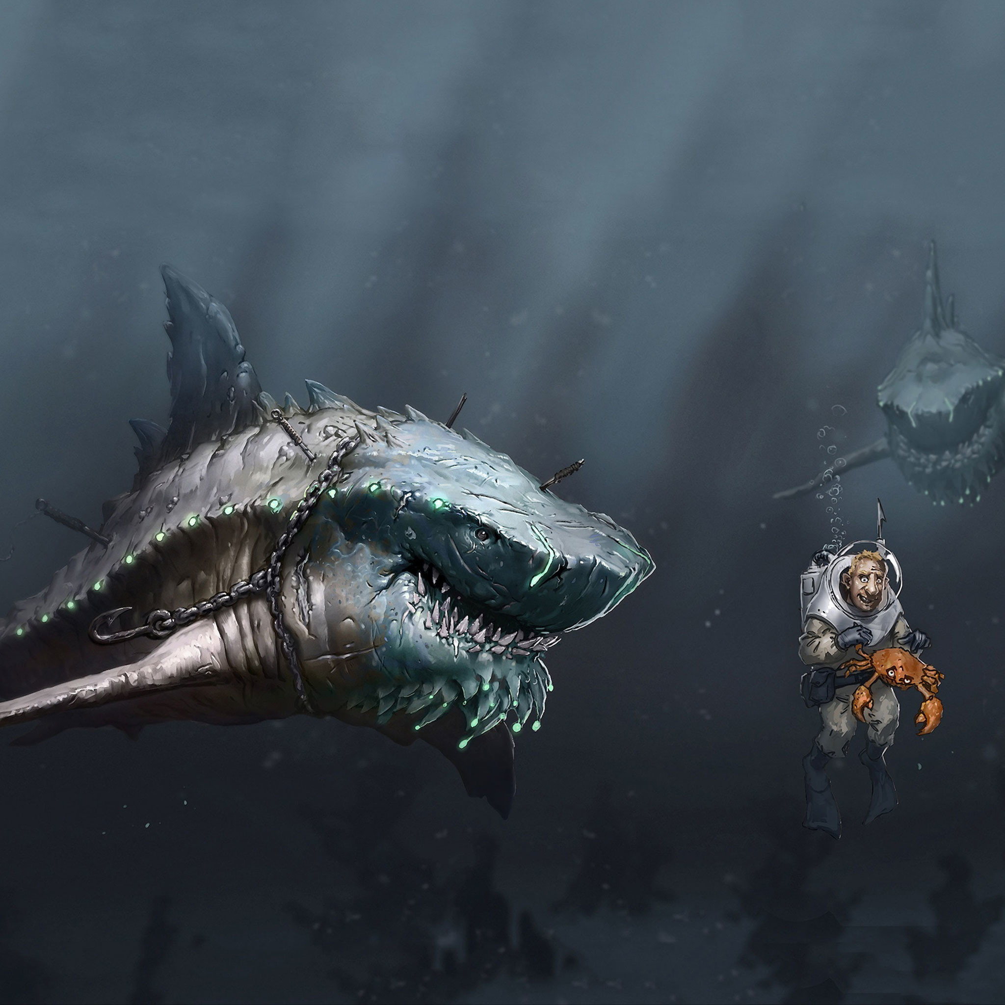 A cool PC wallpaper featuring a chained, bioluminescent shark facing a miniature deep-sea diver holding a crab