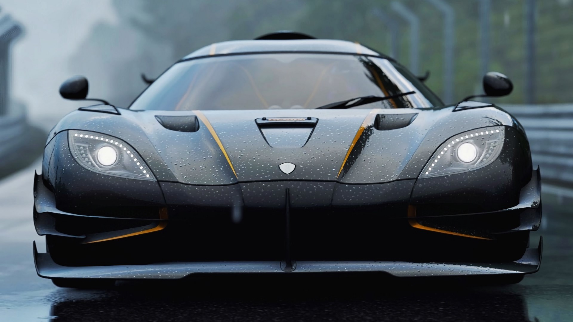 A sleek black Koenigsegg supercar glistens with raindrops on a race track, exuding power and elegance