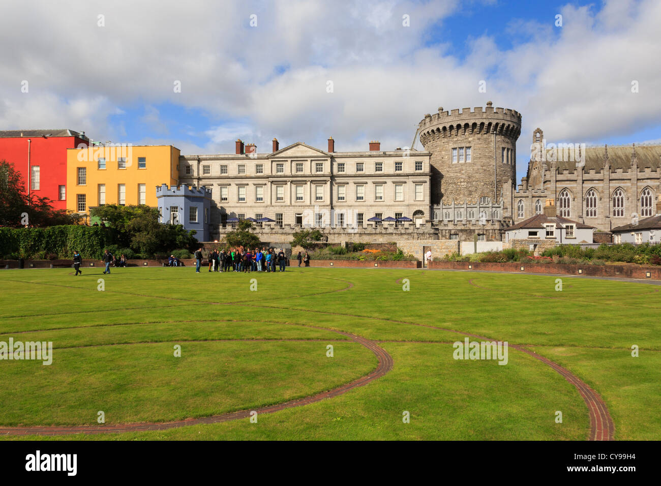 View to Record Tower and Dublin Castle gardens with a Celtic