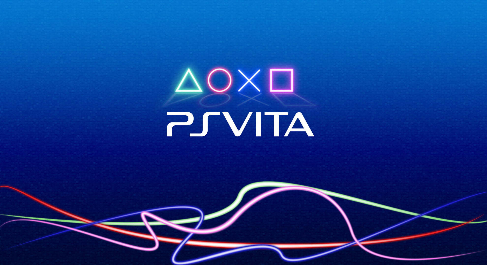 A vibrant PlayStation Vita wallpaper with the iconic PlayStation symbols and sleek, colorful lines against a deep blue background