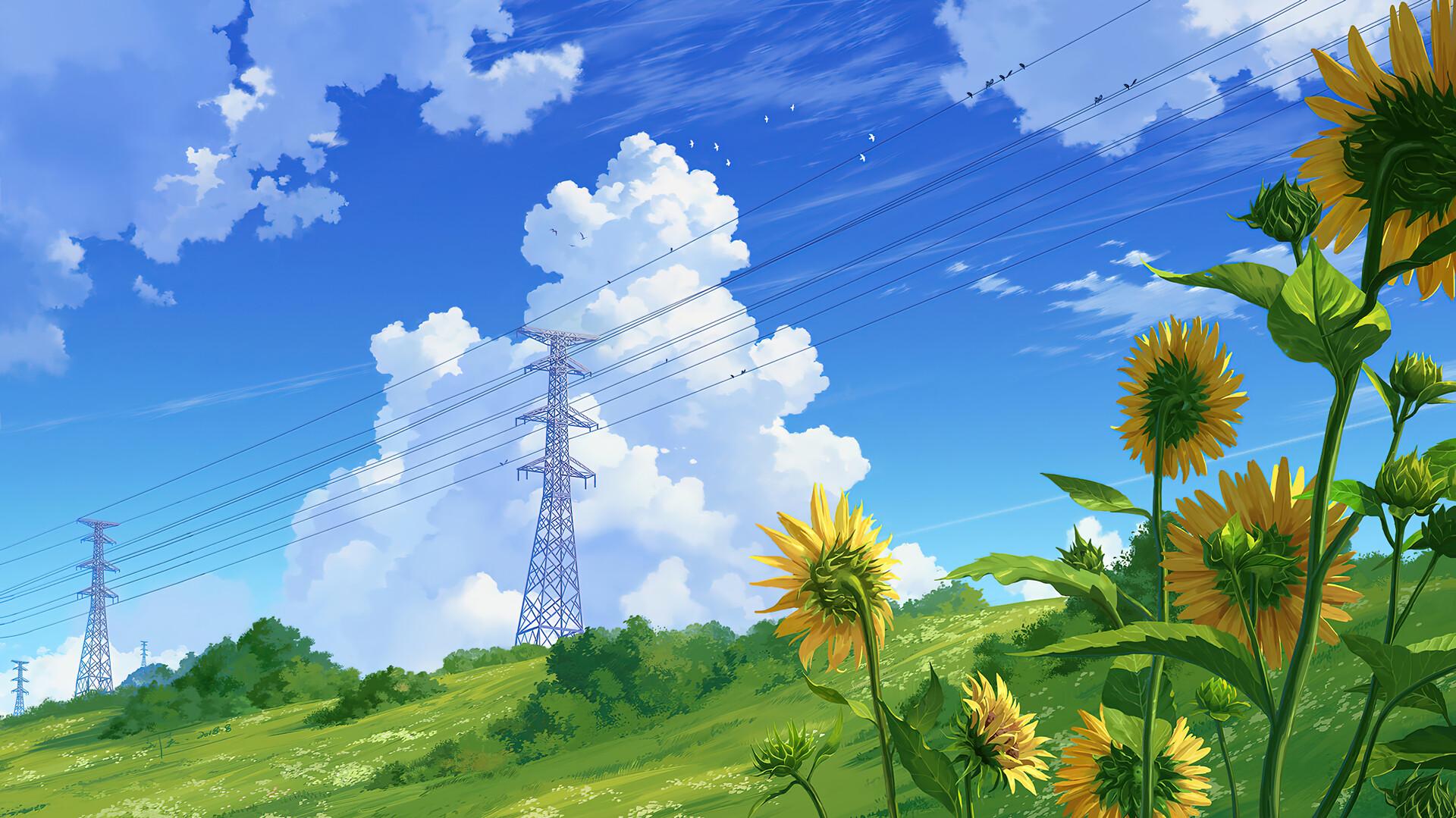 Summer Day Sunflower Anime Scenery Wallpaper 4K HD PC 2390f