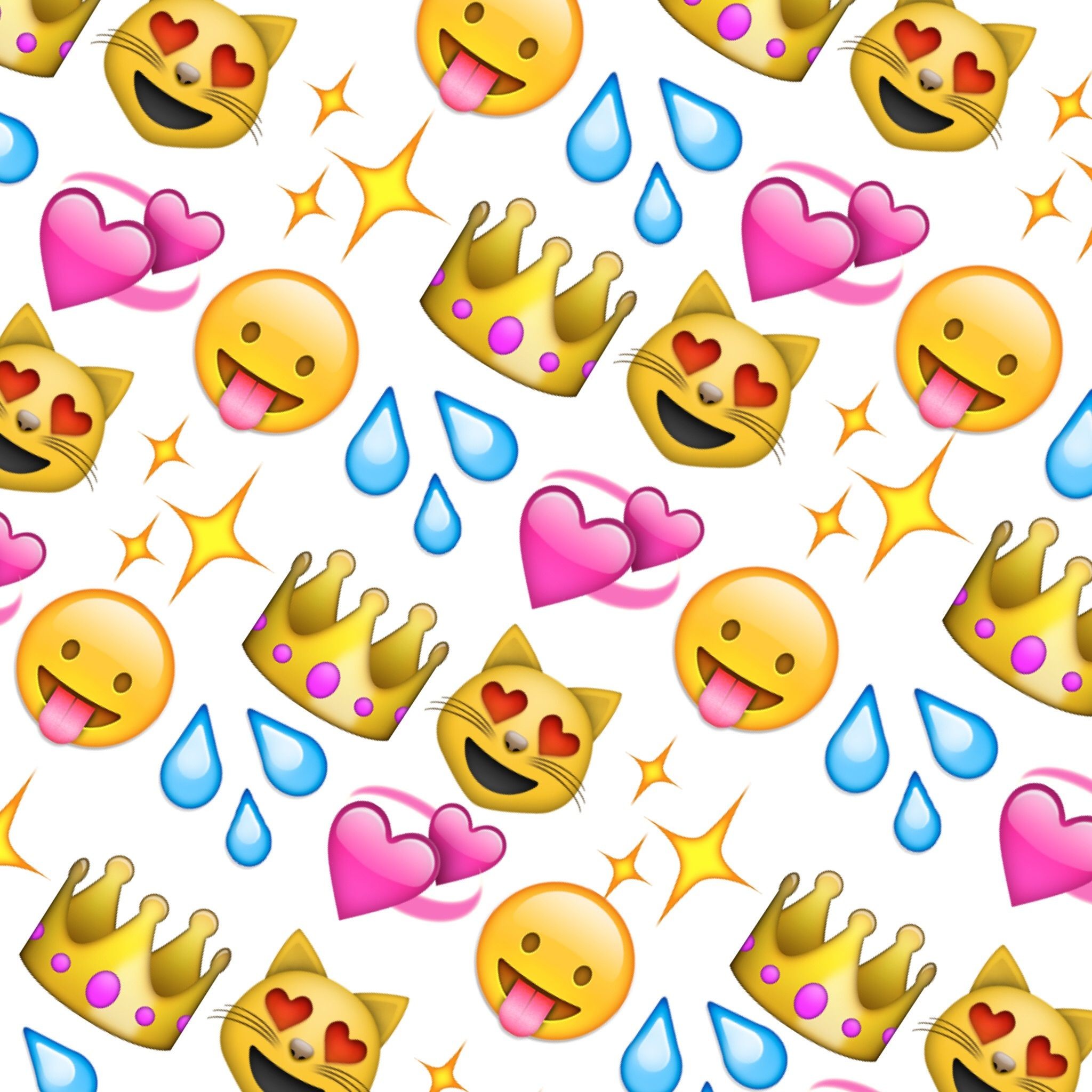 Seamless pattern of popular emojis, including a smiling cat face with heart eyes, a face with tongue sticking out, a gold crown, two pink hearts, and three blue water droplets, on a white background