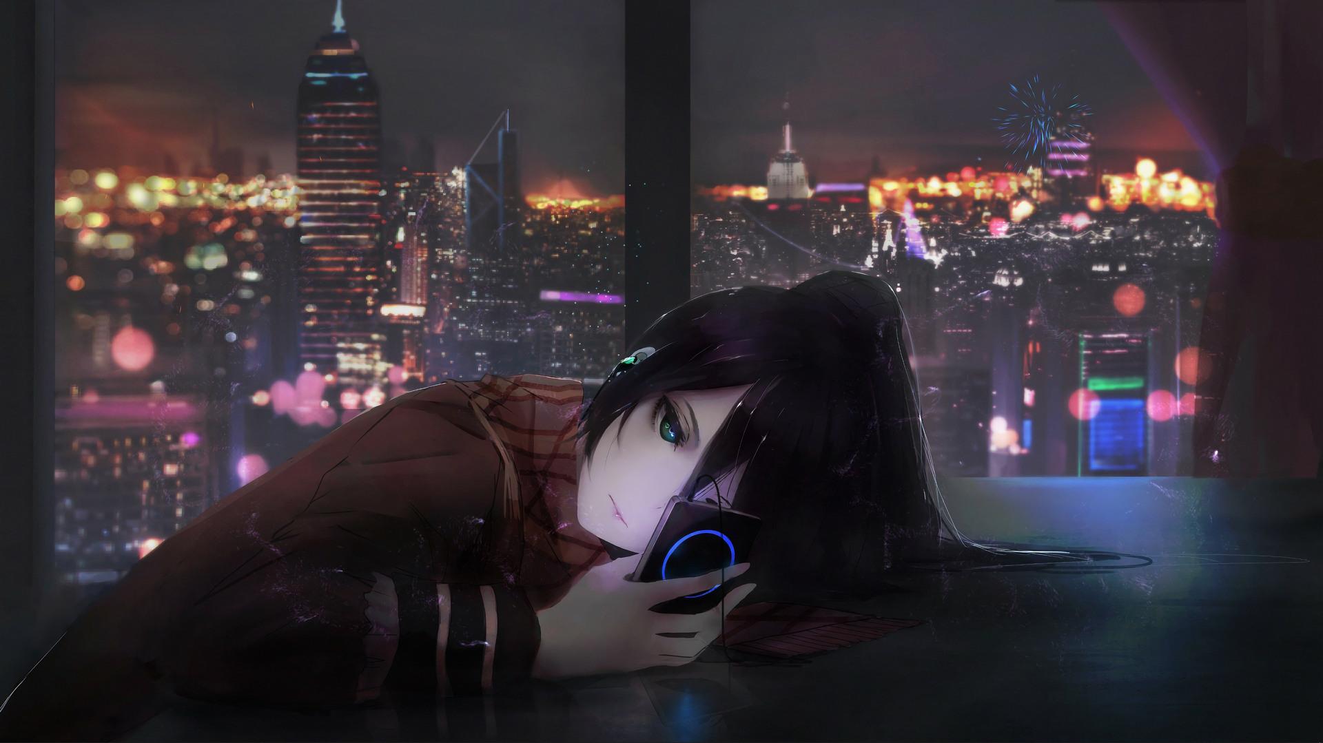 Anime Girl Lonely Night City 4k Wallpaper