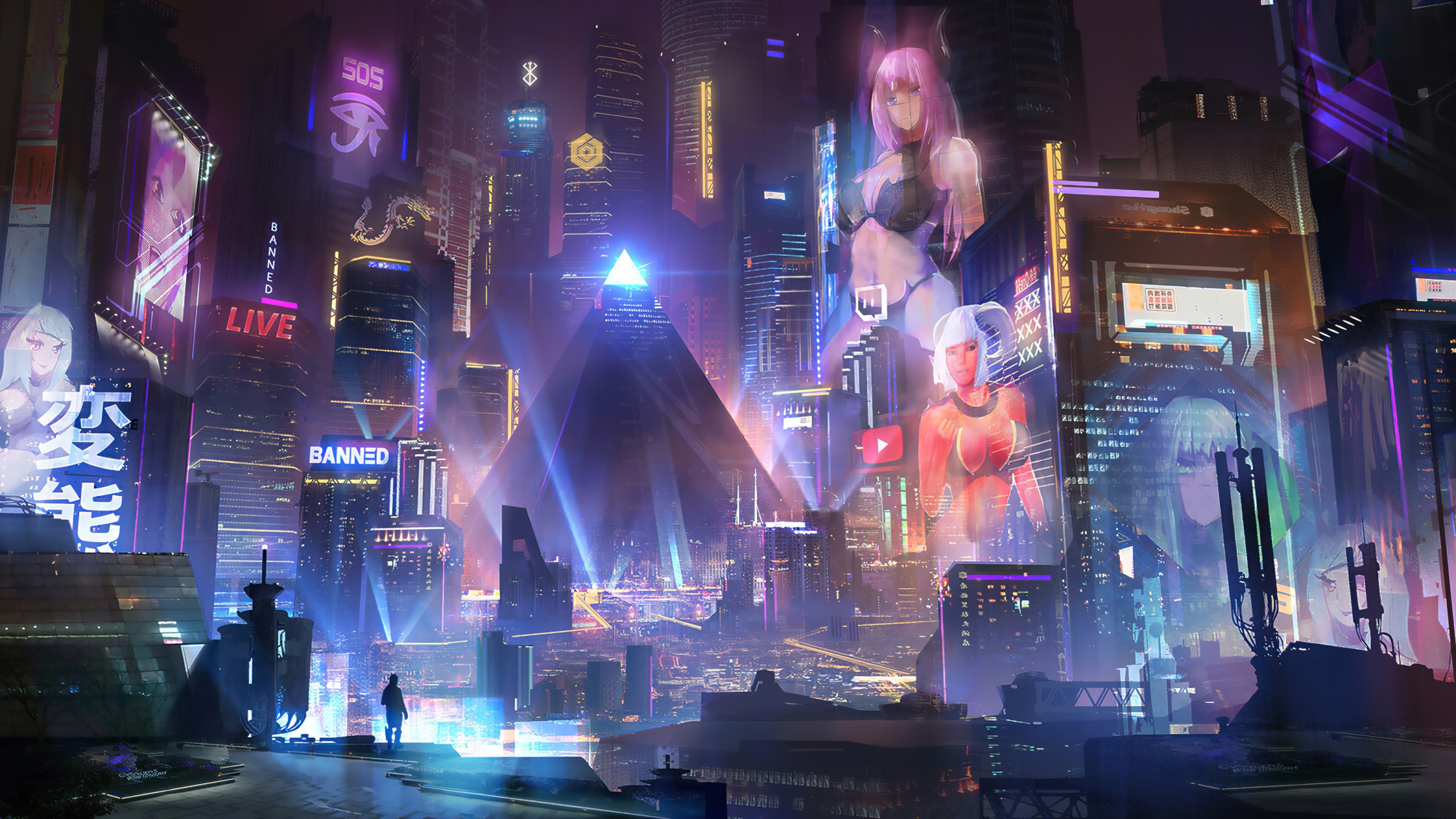A cyberpunk cityscape at night with towering skyscrapers, vibrant neon signs, holographic advertisements, and a pyramid-shaped structure in the background