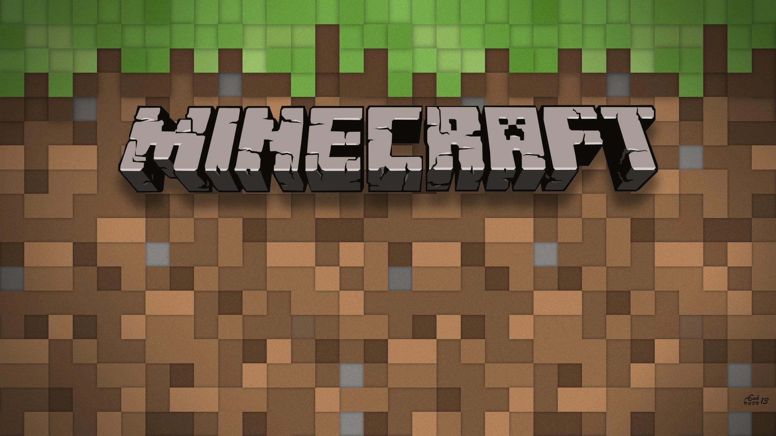 Minecraft title logo on a pixelated dirt and grass background