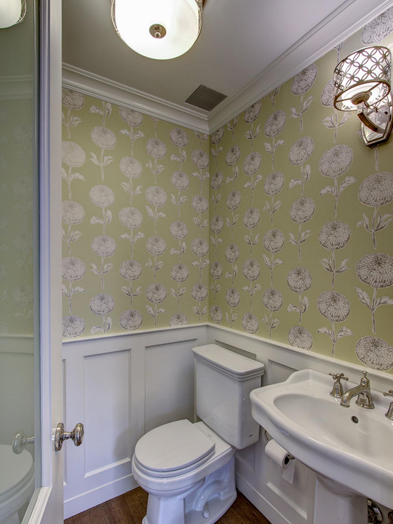 Cottage Guest Bath With Floral Wallpaper Gets An