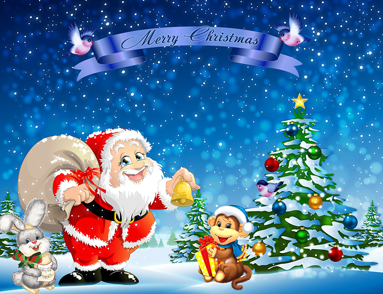 Desktop Wallpaper Monkey Christmas Winter Hat Santa Claus New Year