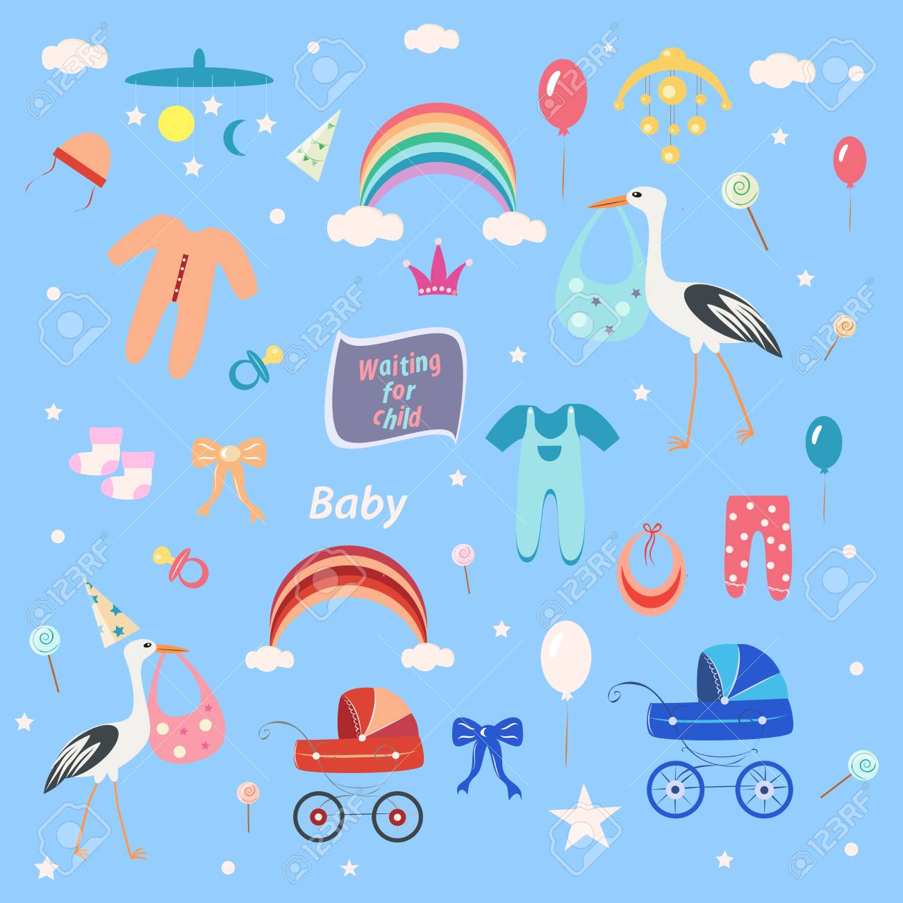 Set Of Children Clothes And Toys On A Blue Background Stork
