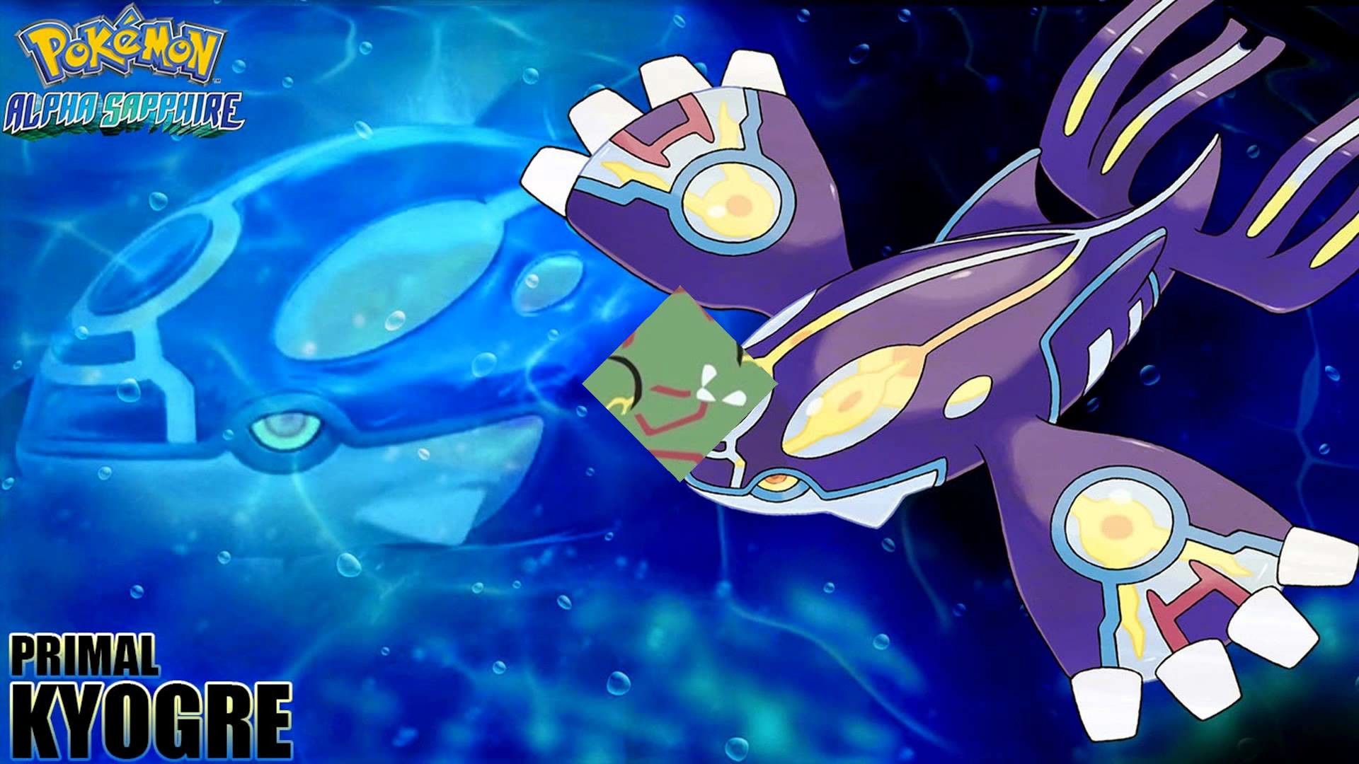 Primal Kyogre from Pokemon Alpha Sapphire against a blue background