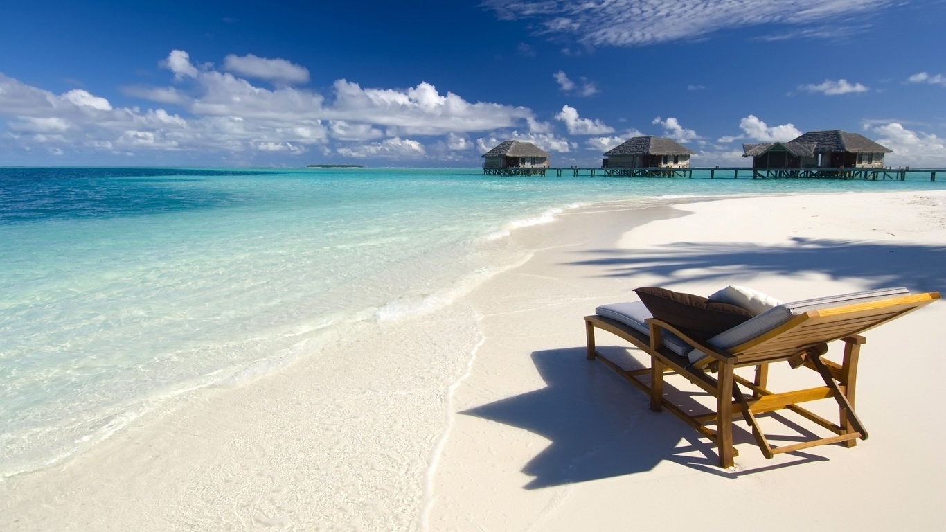 Wallpaper Sand Water Bungalows Beach Chair Summer Widescreen On
