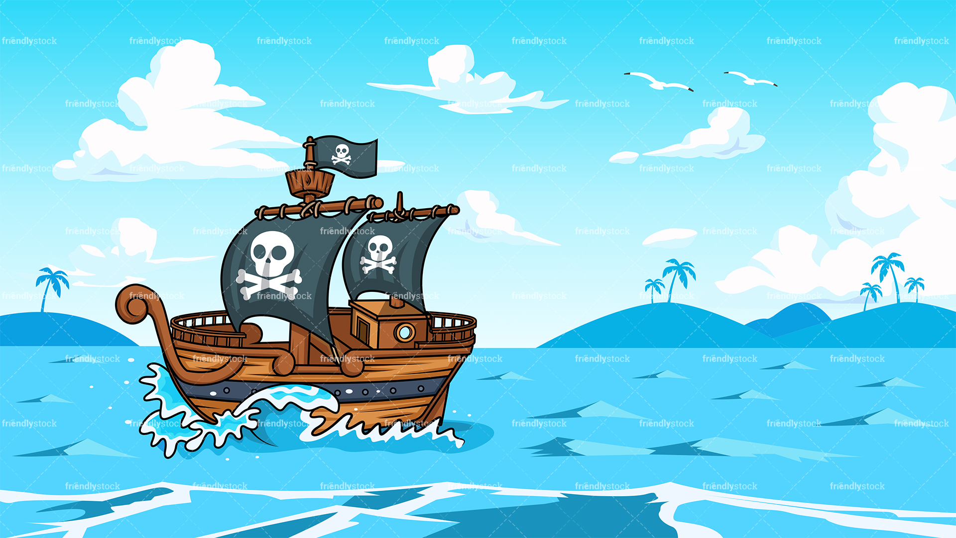 Pirate Ship Sailing The Ocean Background Cartoon Clipart