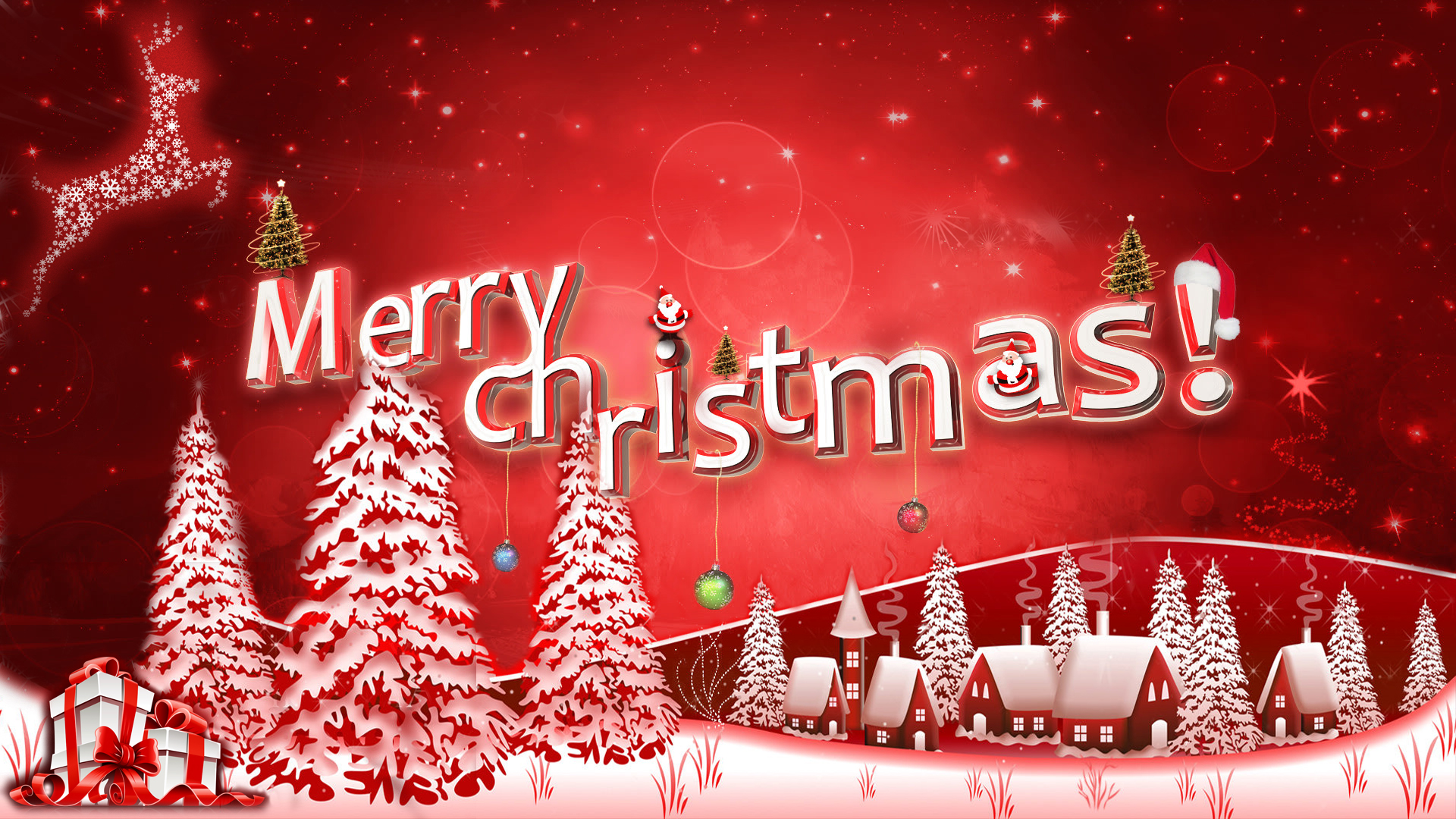 A festive Christmas scene with snow-covered trees, houses, and the greeting 
