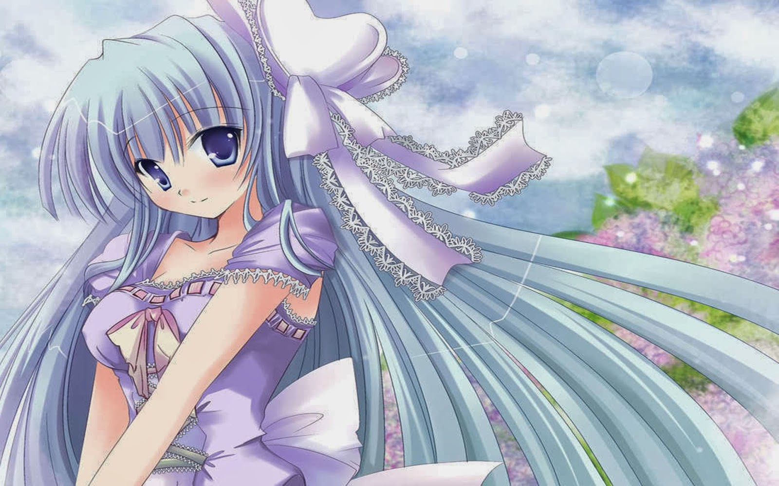 A cute anime girl with long, flowing blue hair, wearing a light purple dress with white lace and ribbons, stands against a backdrop of soft pastel colors and blurred flowers