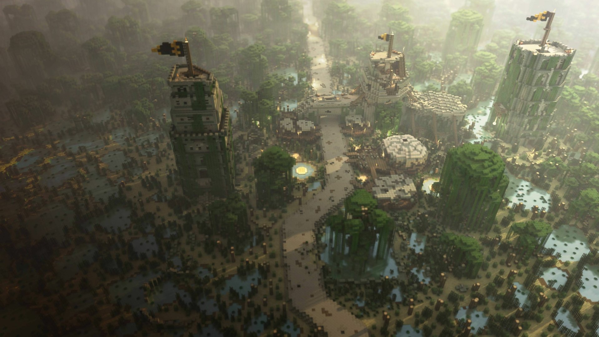 High-resolution 4K Minecraft wallpaper showcasing a swamp biome with custom-built towers and structures