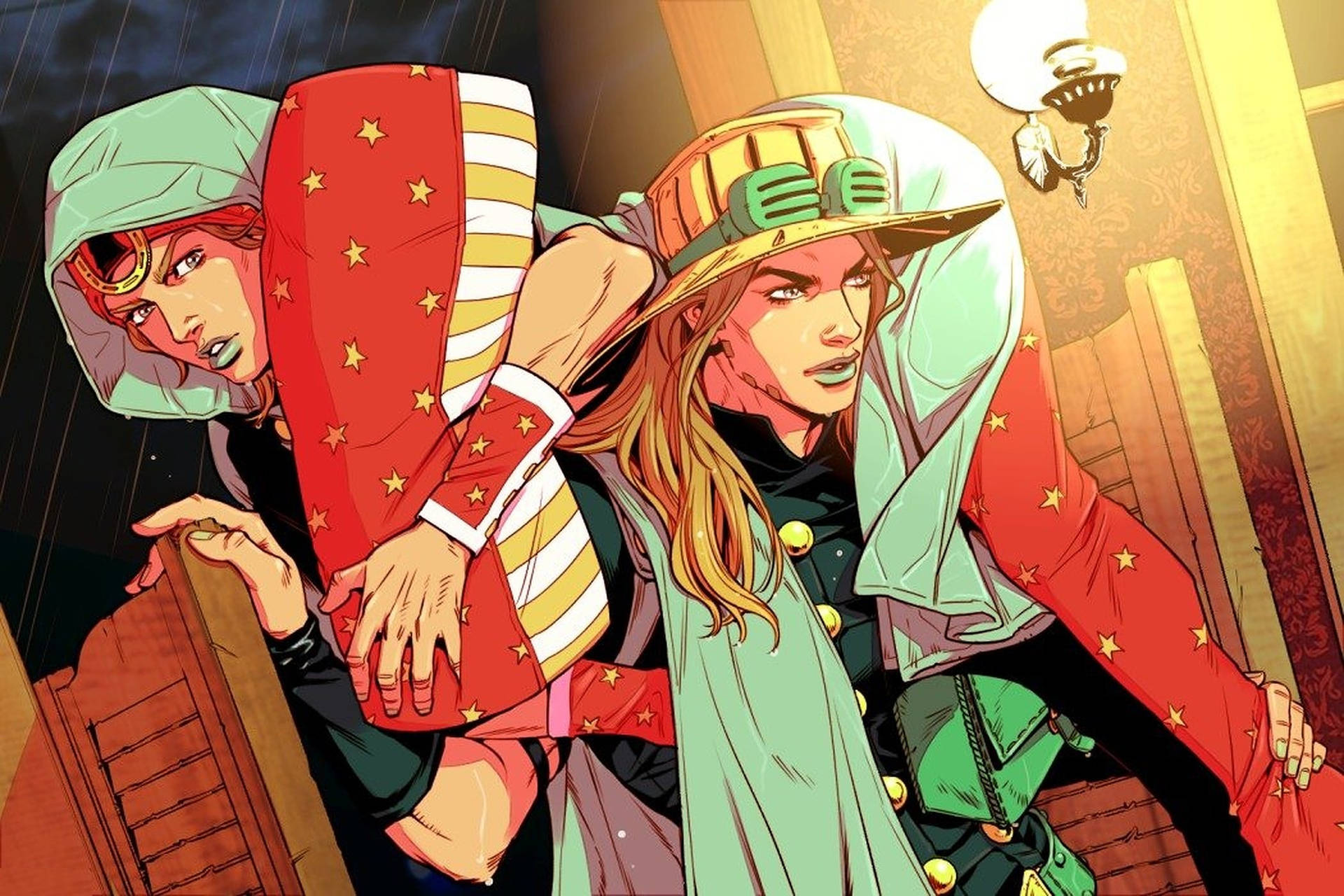 Two characters from JoJo's Bizarre Adventure, one carrying the other, in a dramatic scene
