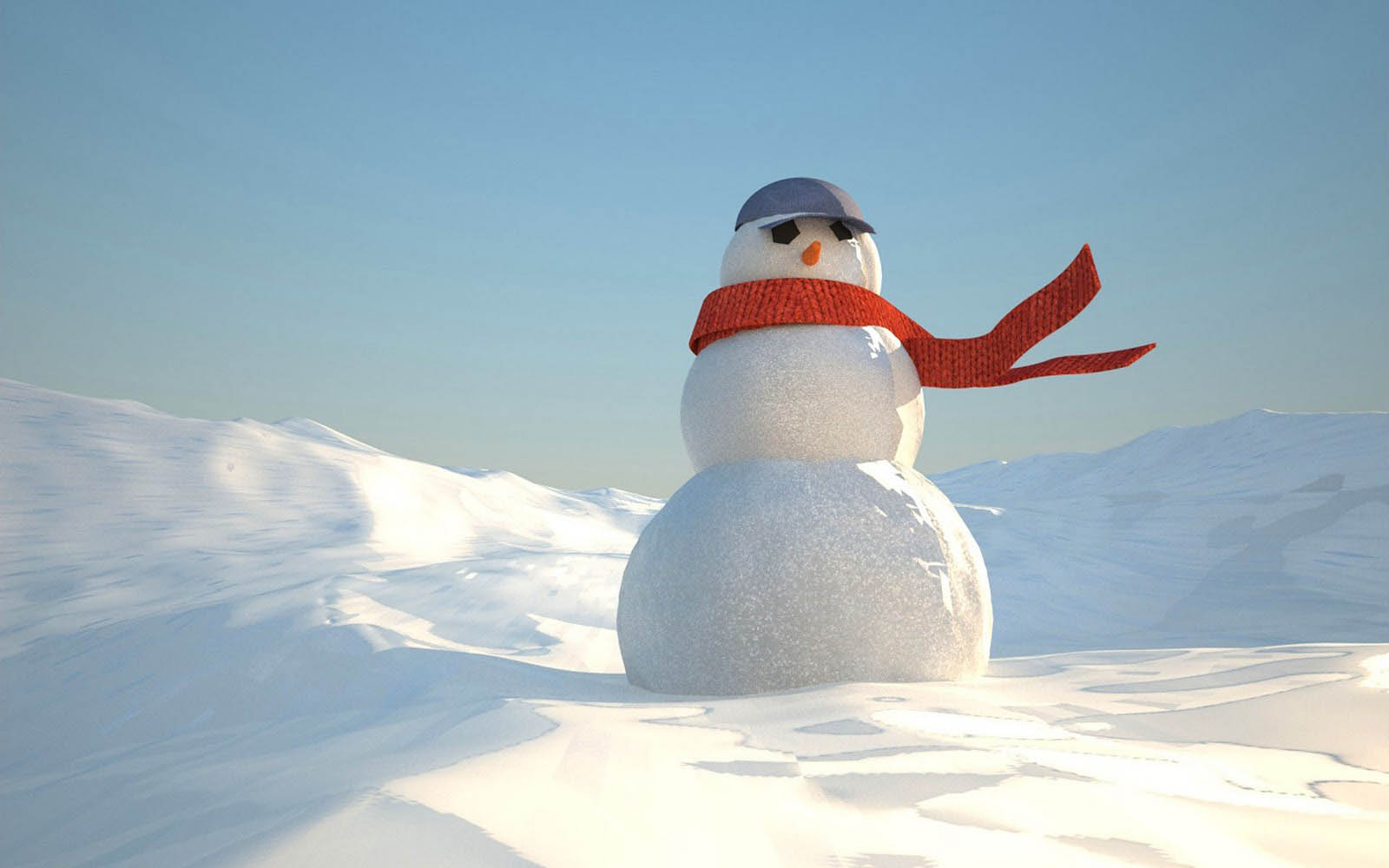 A cheerful snowman stands proudly in a snowy landscape, wearing a jaunty cap and a bright orange scarf, adding a touch of warmth to the wintry scene